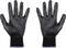 Deux gants de travail noirs en plastique, avec une surface rugueuse et des poignets élastiques, posés côte à côte.