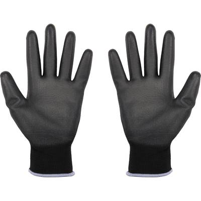 Gants de travail noirs en matériau élastique, avec un poignet étroitement ajusté, présentés symétriquement côte à côte.