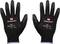 Deux gants de travail noirs portant l'inscription 'TOOLCRAFT', avec marquage CE et symboles de normes de sécurité sur le dos de la main.