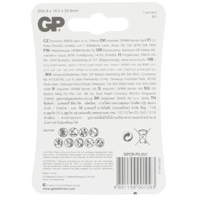 'GPCR-P2-2U1 6V Batterie' : L'emballage présente les informations du fabricant, les détails du produit, les codes-barres et les coordonnées de plusieurs pays.