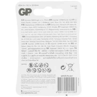 Verso d'un emballage de pile ronde GP. Contient des détails techniques, des informations sur le fabricant et différentes adresses de pays.