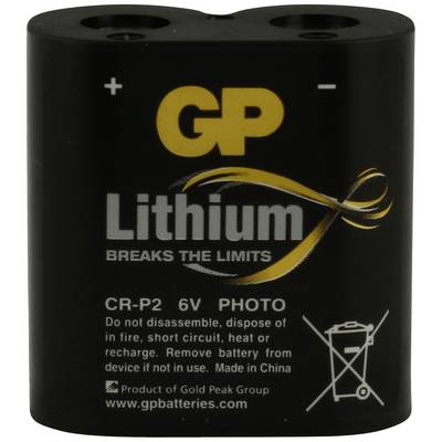 Une batterie lithium noire de GP portant l'inscription « Lithium Breaks the Limits ». Marquée 6V et CR-P2. Consignes de sécurité.