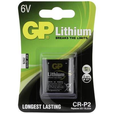 Batterie GP Lithium 6V CR-P2. Longue durée de vie, plage de température de -40°C à +60°C, date de péremption 2026.