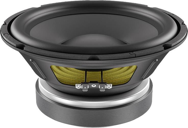 Un haut-parleur noir avec un filet acoustique jaune en gros plan, monté sur un socle argenté.