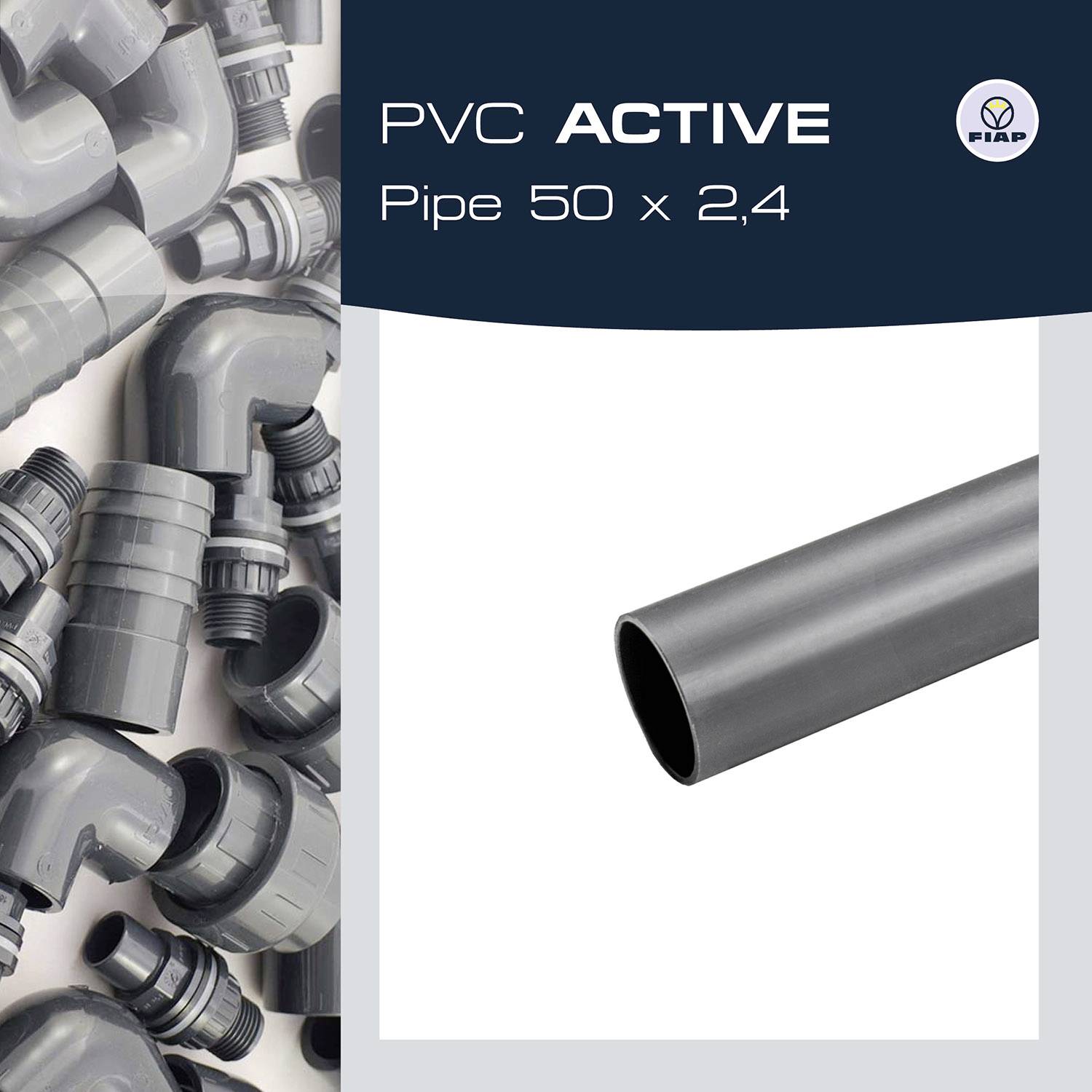 À côté d'une image de raccords de tuyaux PVC gris, on peut lire « PVC ACTIVE Tube 50 x 2,4 ».