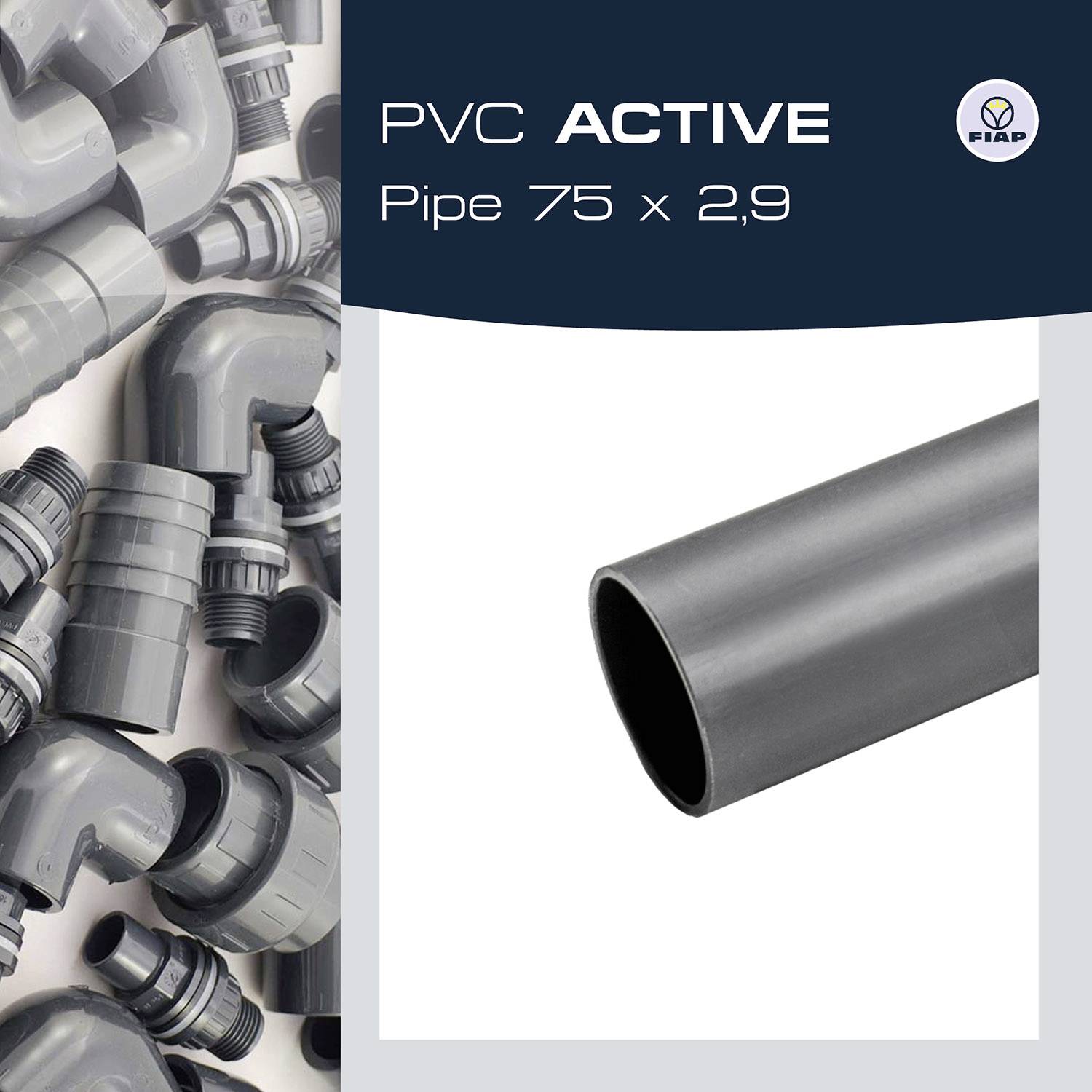 'PVC ACTIVE Tube 75 x 2,9' sur fond gris avec différents raccords PVC.