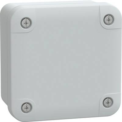 Une boîte de jonction électrique carrée en plastique gris aux bords arrondis, percée de quatre trous de vis, un dans chaque coin.