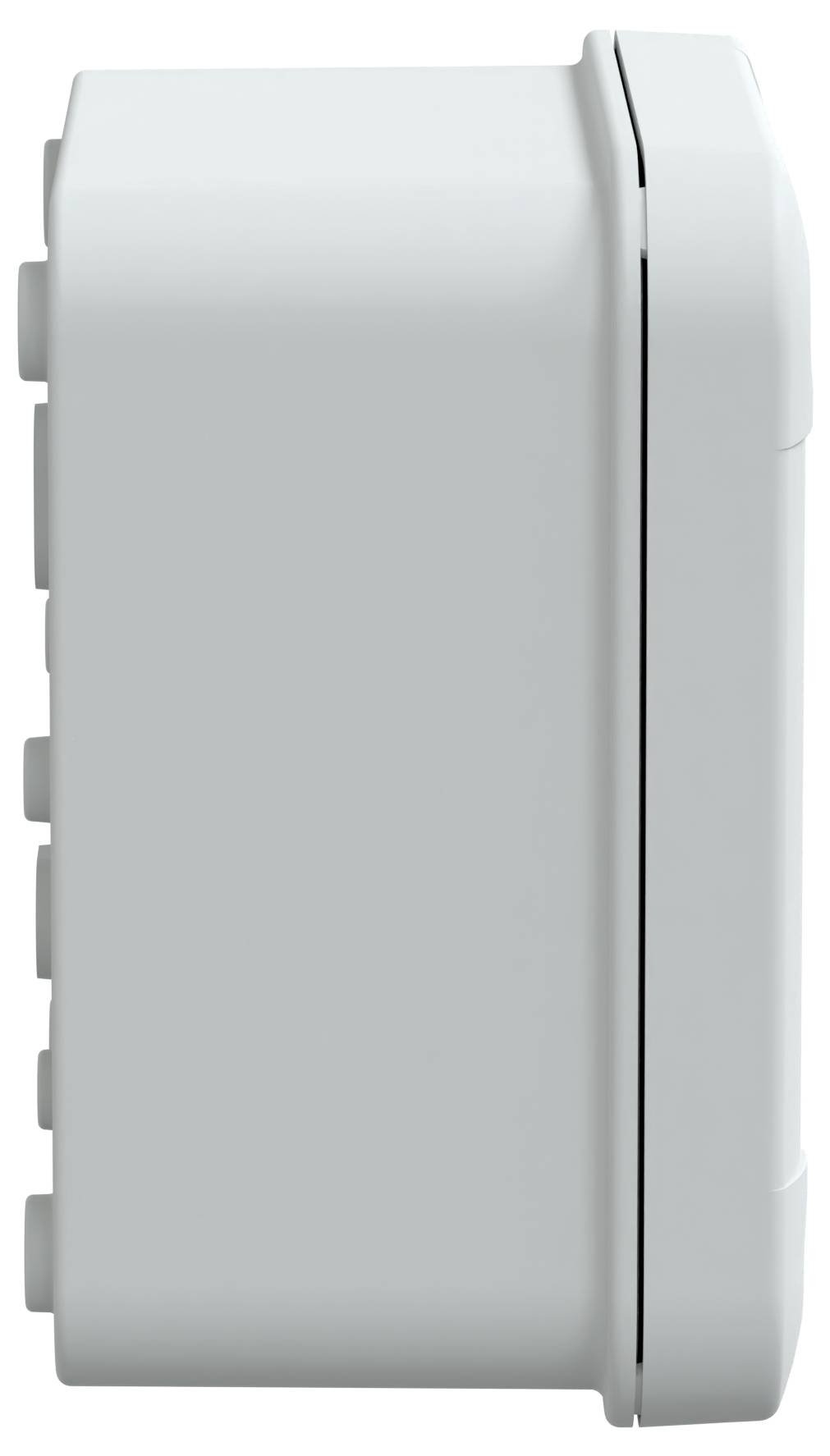 Vue latérale d'un appareil électronique blanc rectangulaire aux coins arrondis, avec des ports visibles sur le côté gauche.