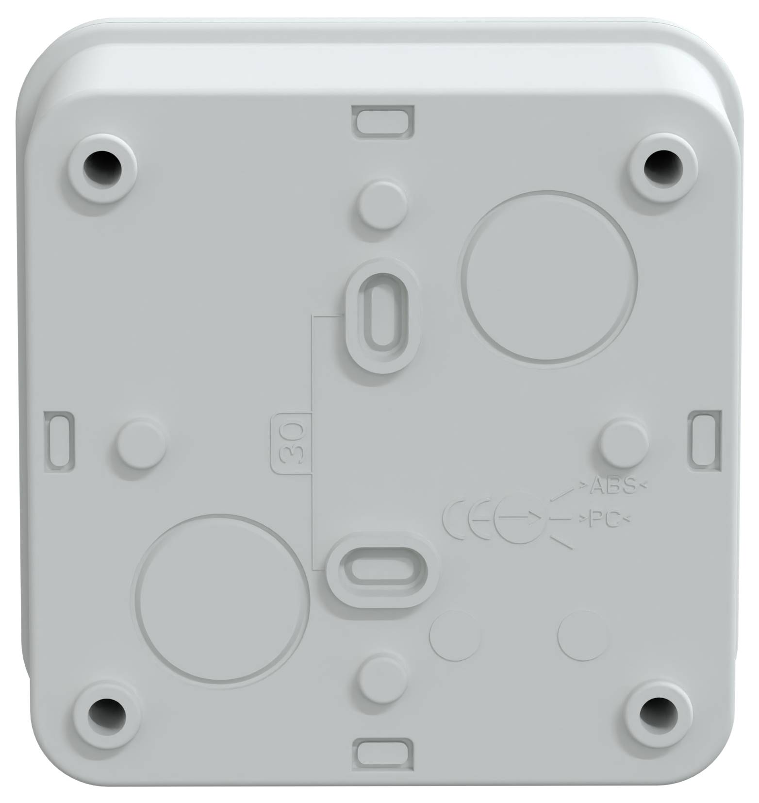 Un couvercle de boîte de jonction électrique blanc, carré, avec quatre trous de vis et des indentations circulaires.