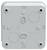 Un couvercle de boîte de jonction électrique blanc, carré, avec quatre trous de vis et des indentations circulaires.
