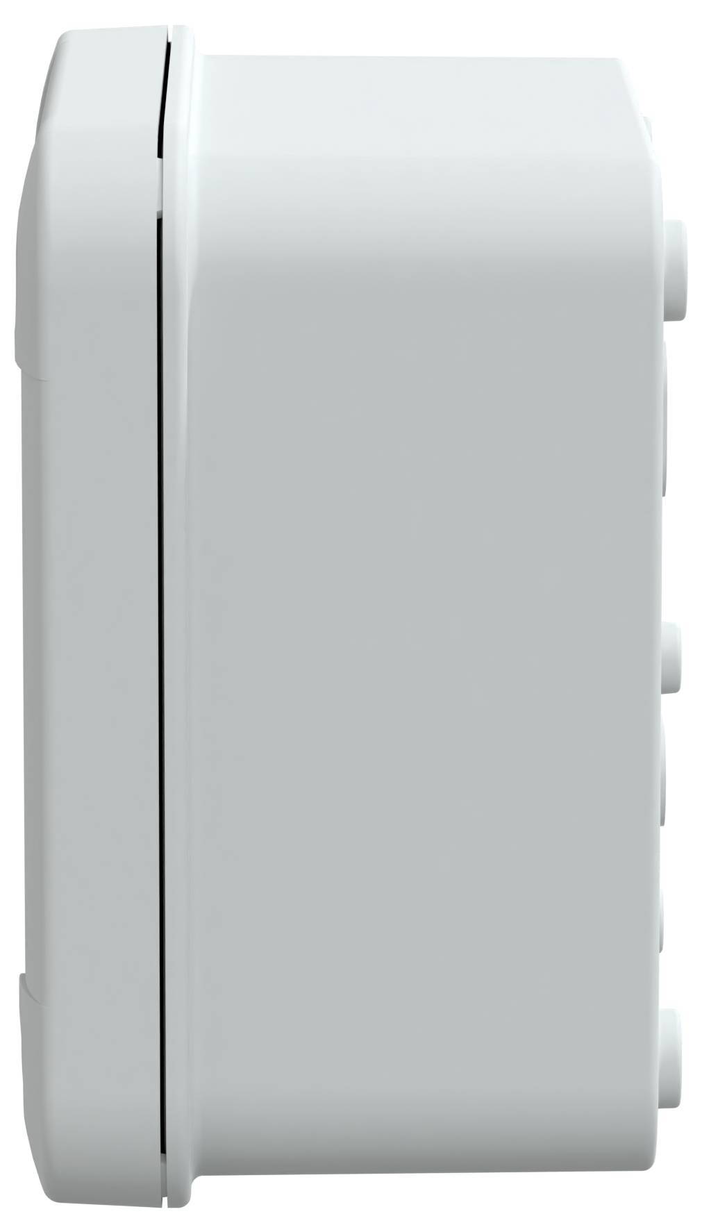 Un appareil électronique rectangulaire blanc, vu de profil, avec peu de détails ou de marquages visibles.