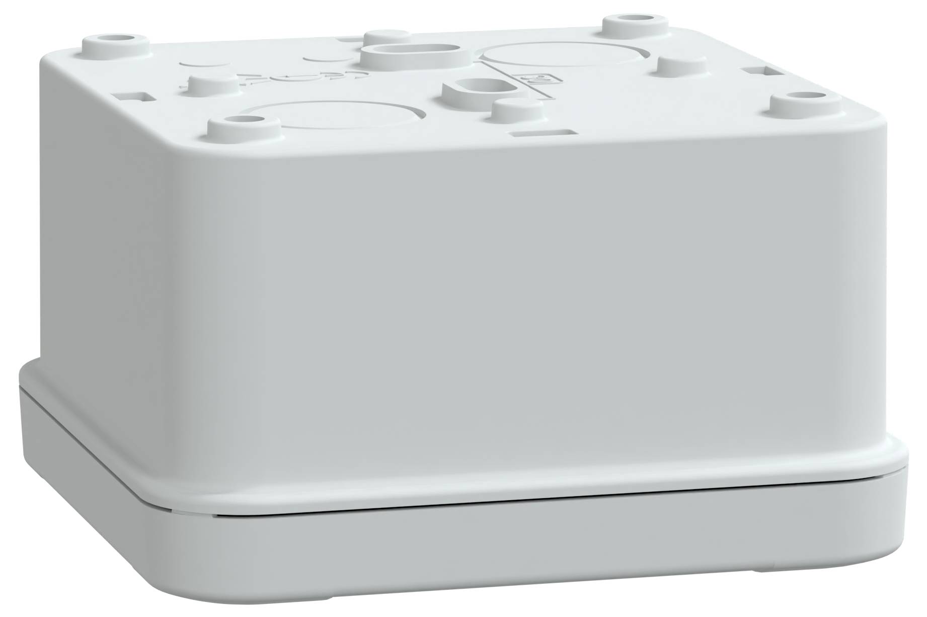 Un boîtier de jonction électrique rectangulaire blanc avec plusieurs ouvertures circulaires sur la surface supérieure, conçu pour abriter des connexions électriques.