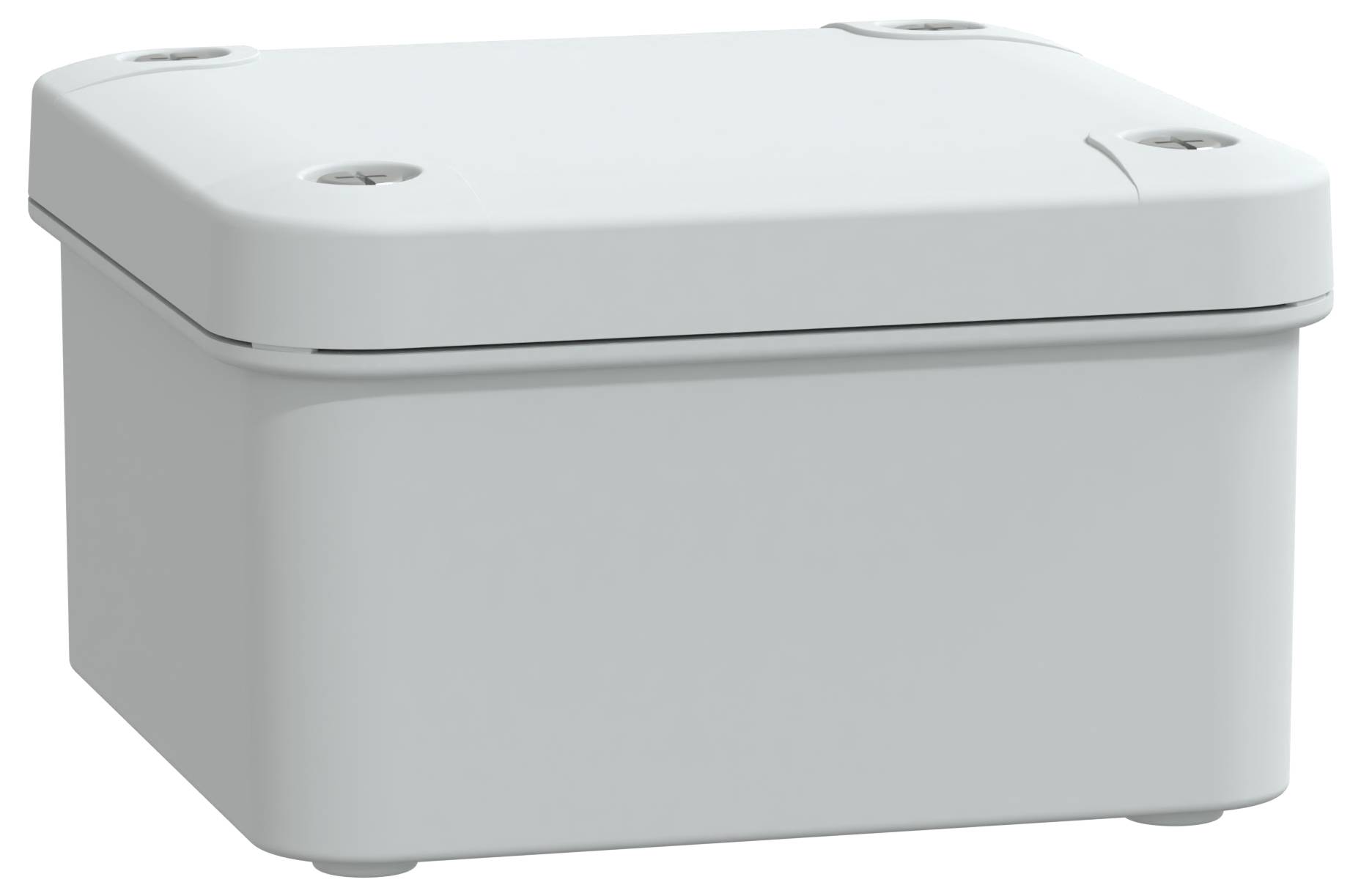 Un petit boîtier électronique rectangulaire gris avec un couvercle sécurisé et des coins arrondis.