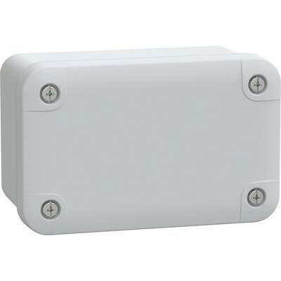 Un boîtier de jonction électrique rectangulaire, gris, avec des bords arrondis et quatre vis, une sur chaque coin, pour un montage sécurisé.
