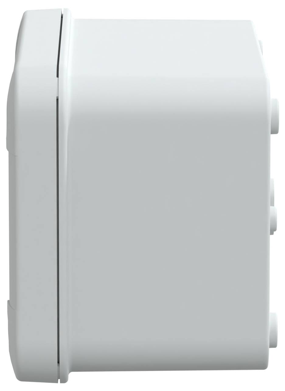 Un boîtier électrique blanc rectangulaire aux coins arrondis, vu de côté. Trois petites protubérances cylindriques sont visibles sur un bord.