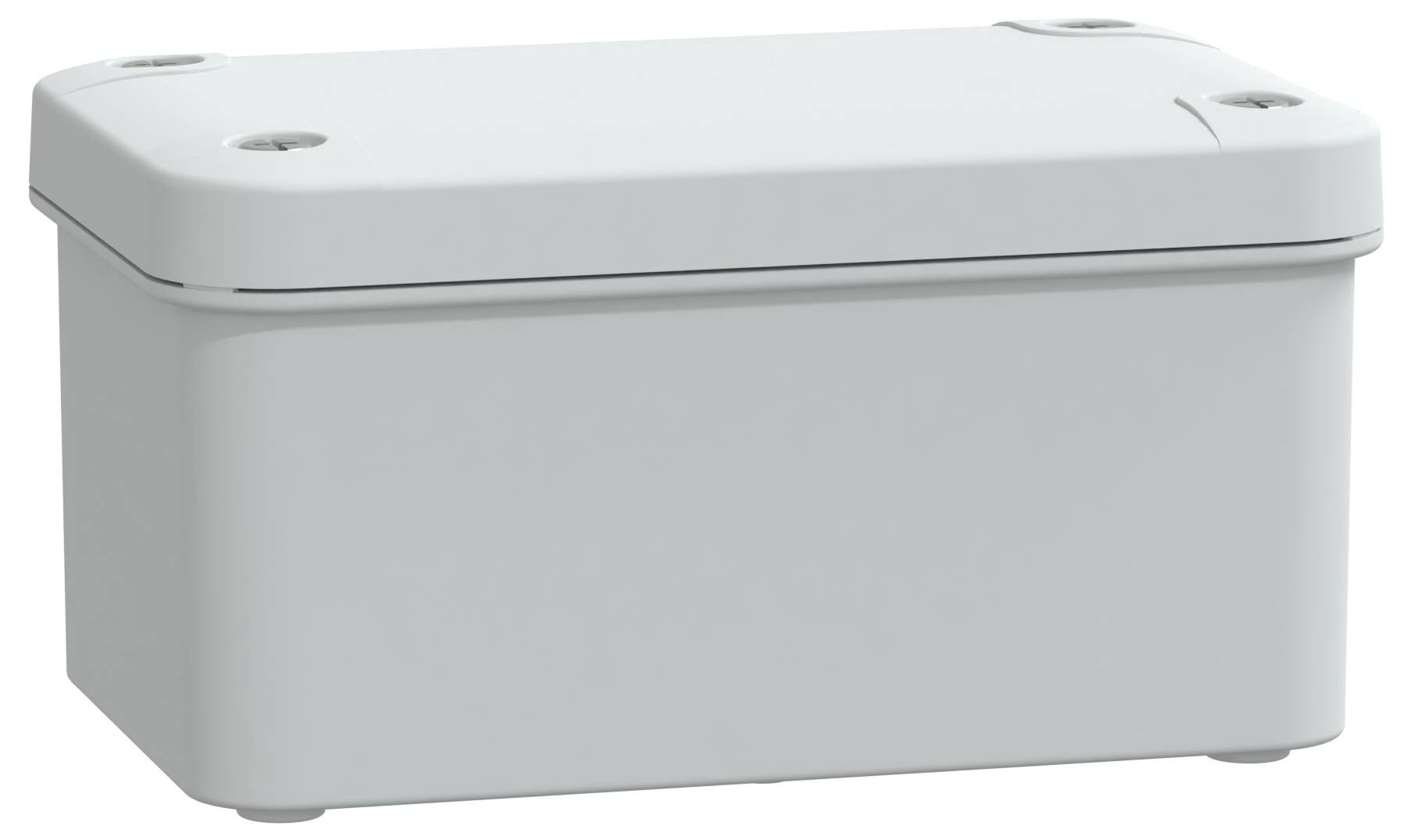 Un boîtier rectangulaire en plastique gris aux bords arrondis. Il comporte quatre trous de vis dans les coins supérieurs, adapté pour abriter des composants électriques.