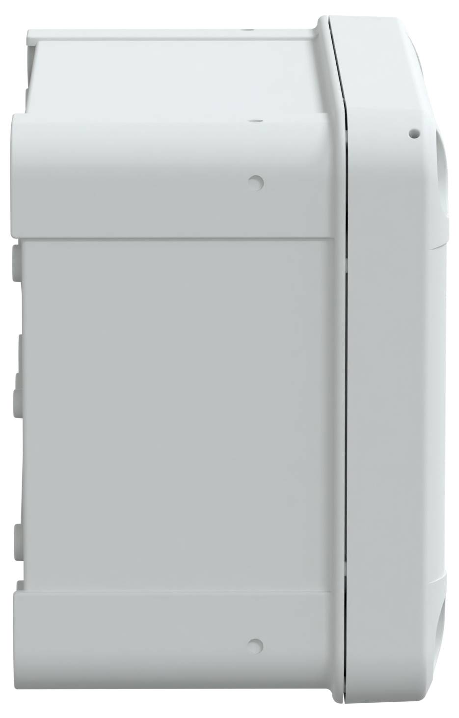 Vue latérale d'un boîtier en plastique blanc avec des emplacements et des vis apparents, utilisé pour loger des dispositifs électroniques ou des connexions de câblage.
