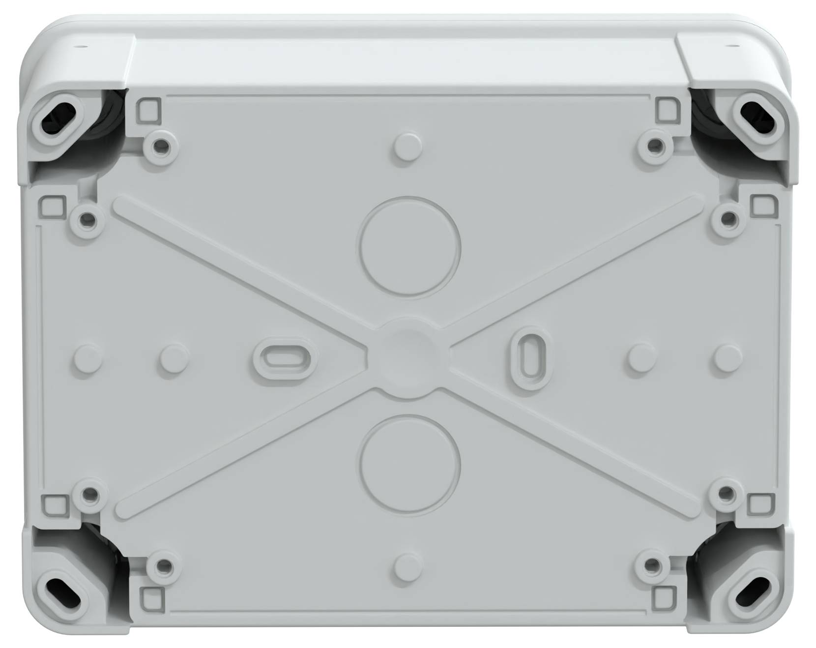 Un boîtier de jonction électrique rectangulaire de couleur gris clair, avec des angles arrondis et plusieurs trous destinés au montage ou à l'entrée des câbles sur une surface plane.