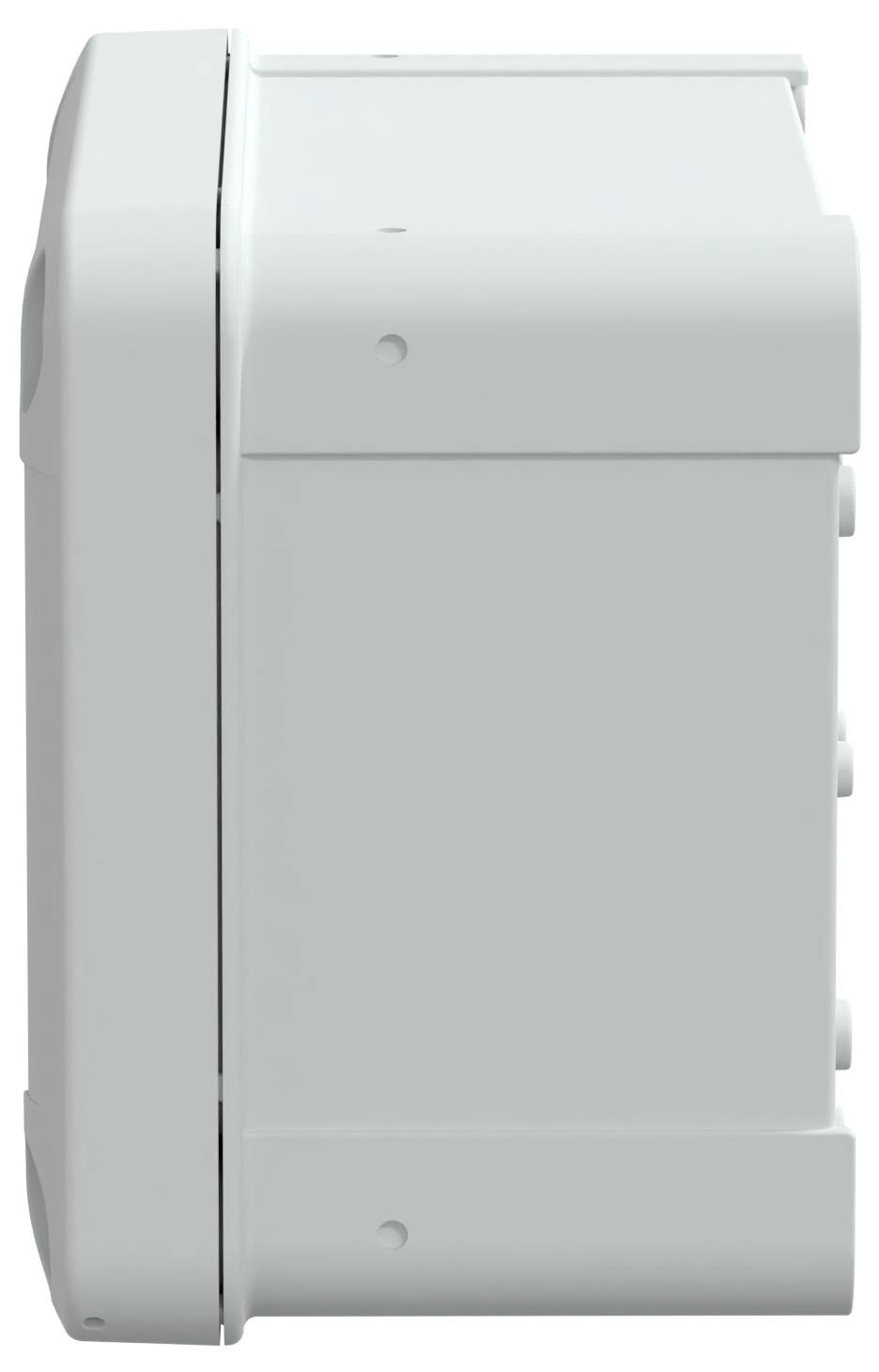 Boîte blanche, rectangulaire, fixée au mur, à surface lisse et bords arrondis, probablement un boîtier ou un carter pour un appareil électronique.
