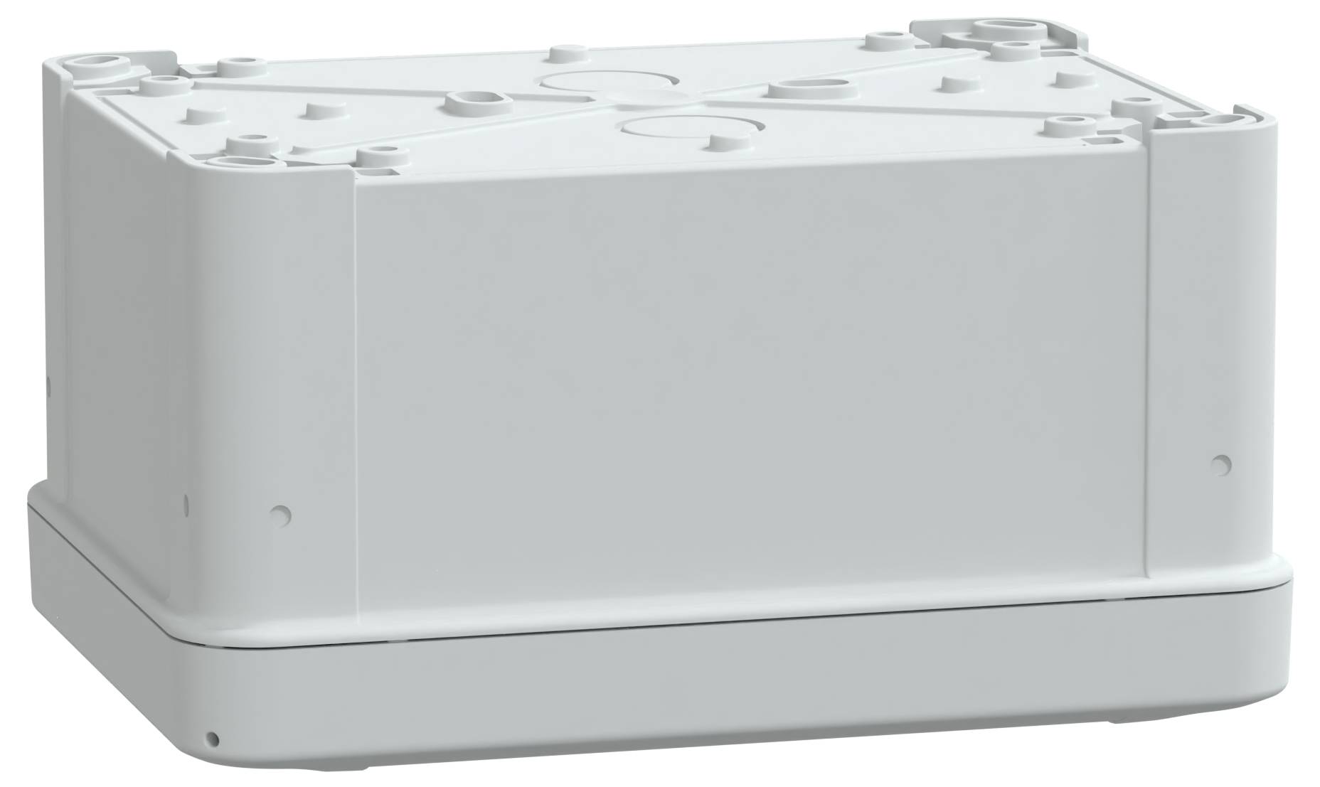 Un boîtier de jonction rectangulaire blanc en plastique, doté de plusieurs trous de vis sur le dessus, utilisé pour abriter des connexions électriques.