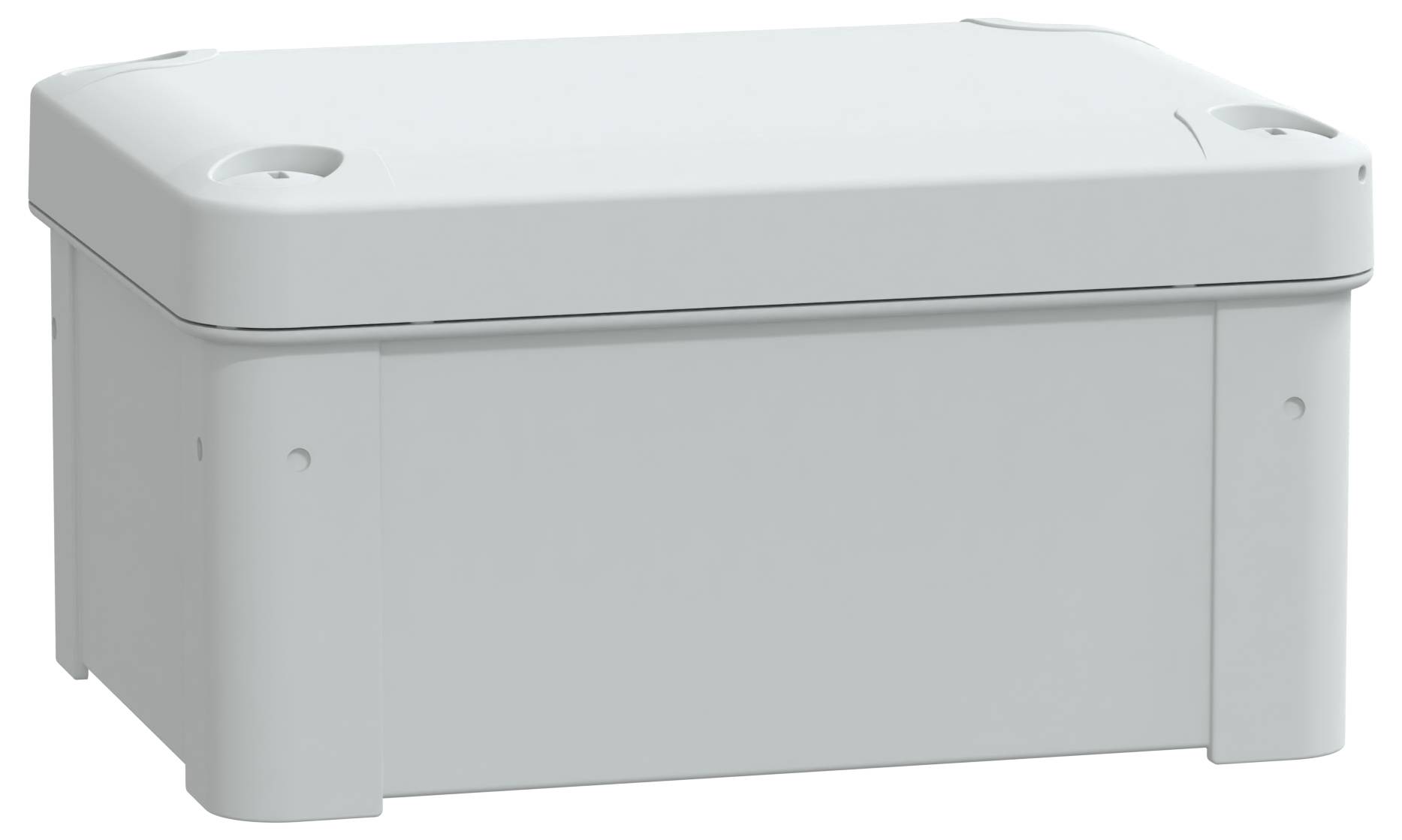 Un boîtier de jonction électrique rectangulaire en plastique gris, avec un dessus plat et des coins arrondis.
