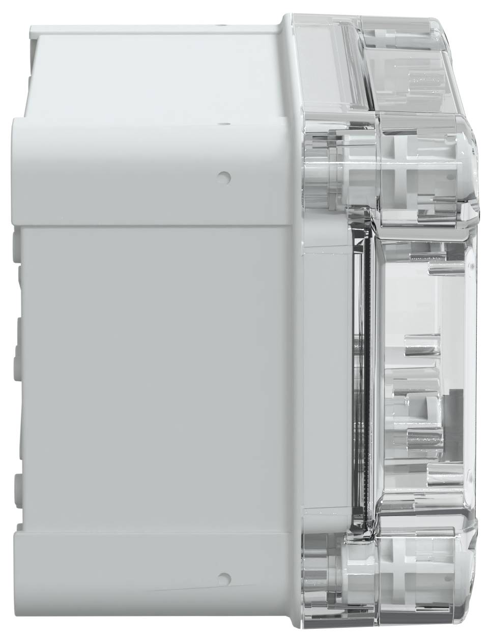 Un appareil électronique blanc, rectangulaire, avec un couvercle translucide révélant ses composants intérieurs. La vue de côté met en valeur son design épuré.