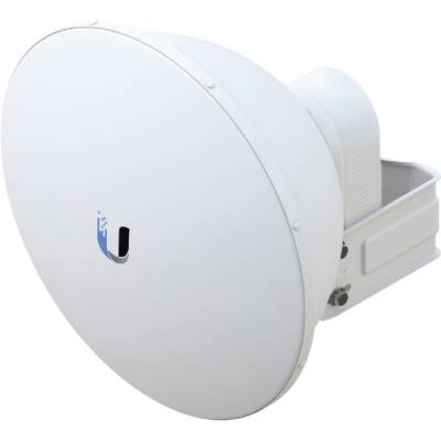 Antenne parabolique blanche circulaire avec le logo de l'entreprise sur la face avant, montée sur un support. Utilisée pour la transmission de données.