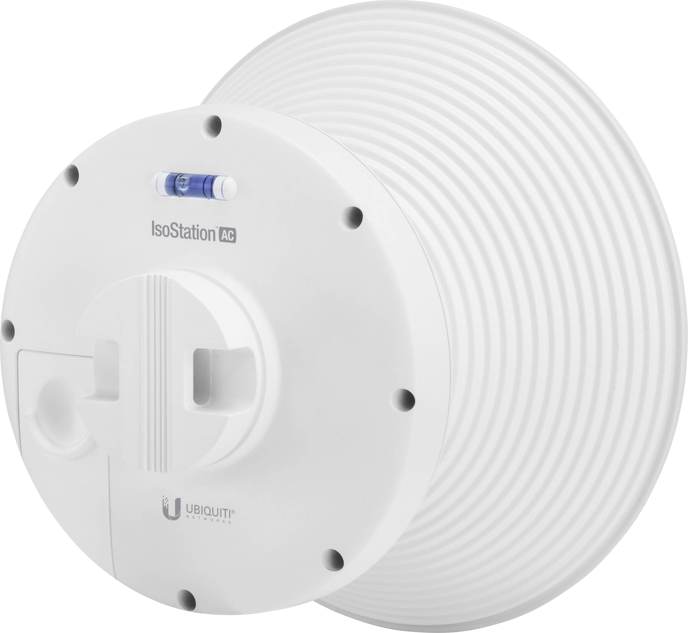 Antenne Wi-Fi ronde blanche 'IsoStation AC' aux bords rainurés et au logo Ubiquiti, conçue pour les connexions internet sans fil.
