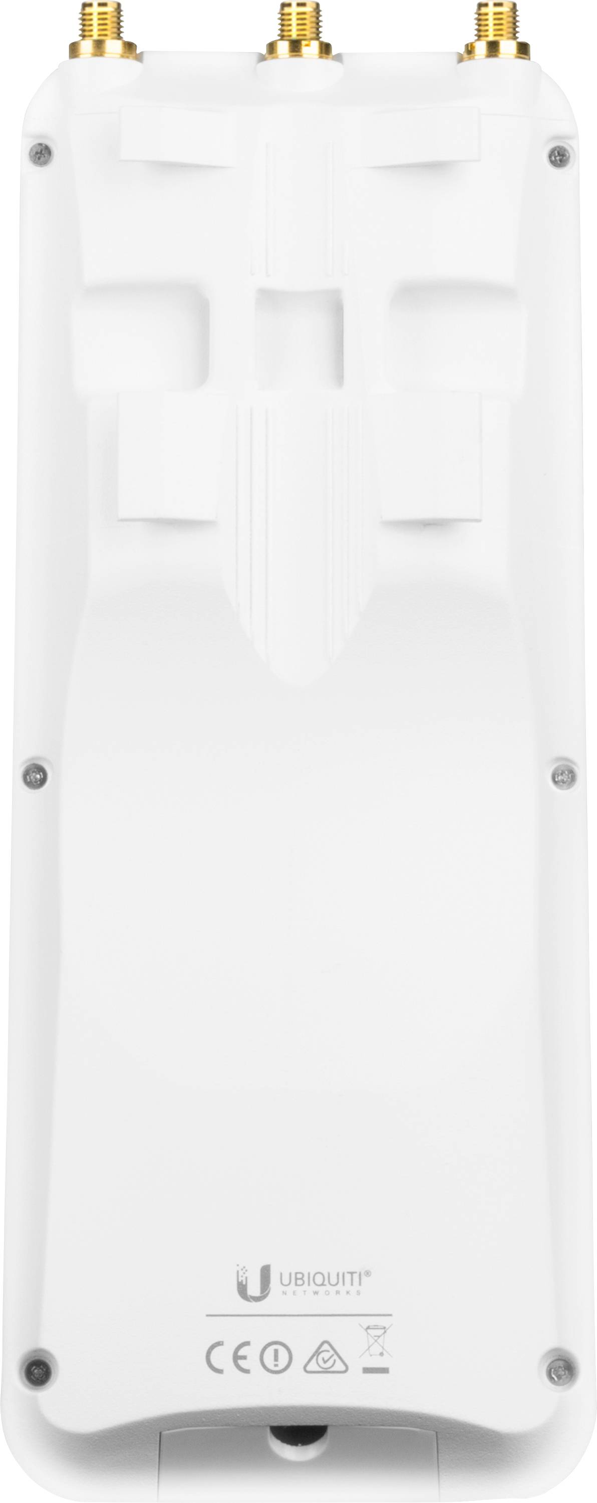 Dos du routeur avec trois connexions d'antenne dorées en haut et le logo du fabricant en bas.
