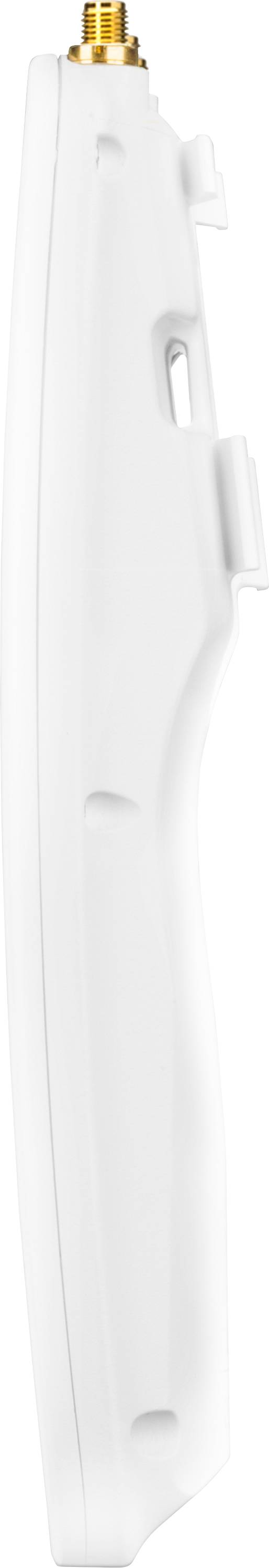 Vue latérale d'un appareil électronique blanc et élancé avec une prise dorée en haut.