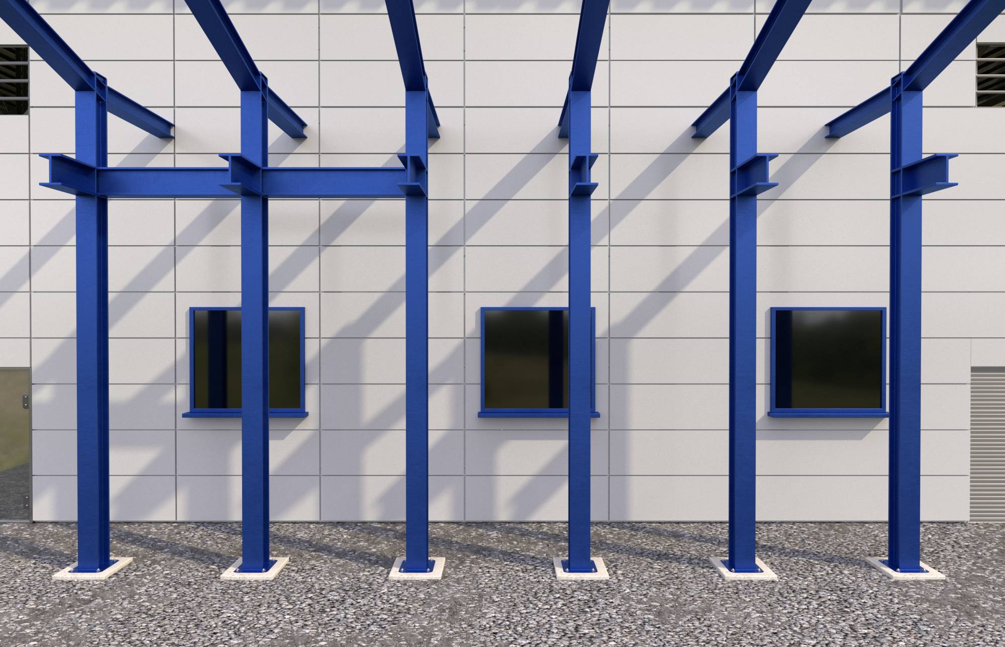Structure de dais en acier bleu avec des colonnes verticales devant une façade de bâtiment blanc moderne dotée de trois fenêtres sombres.