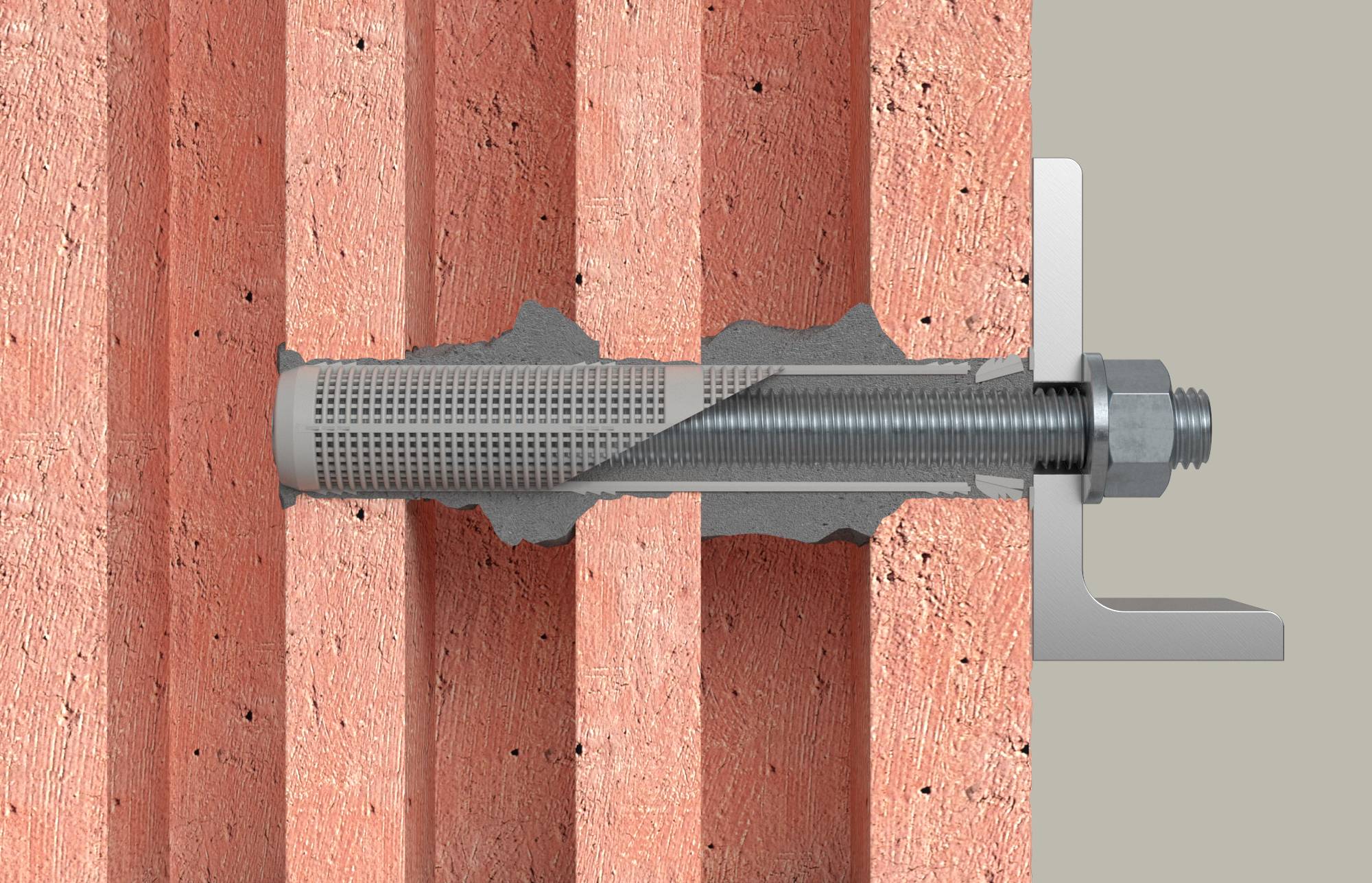 Coupe transversale d'une cheville d'expansion métallique fixée dans un mur en béton ou en maçonnerie, montrant la douille et le boulon se serrant contre le matériau.