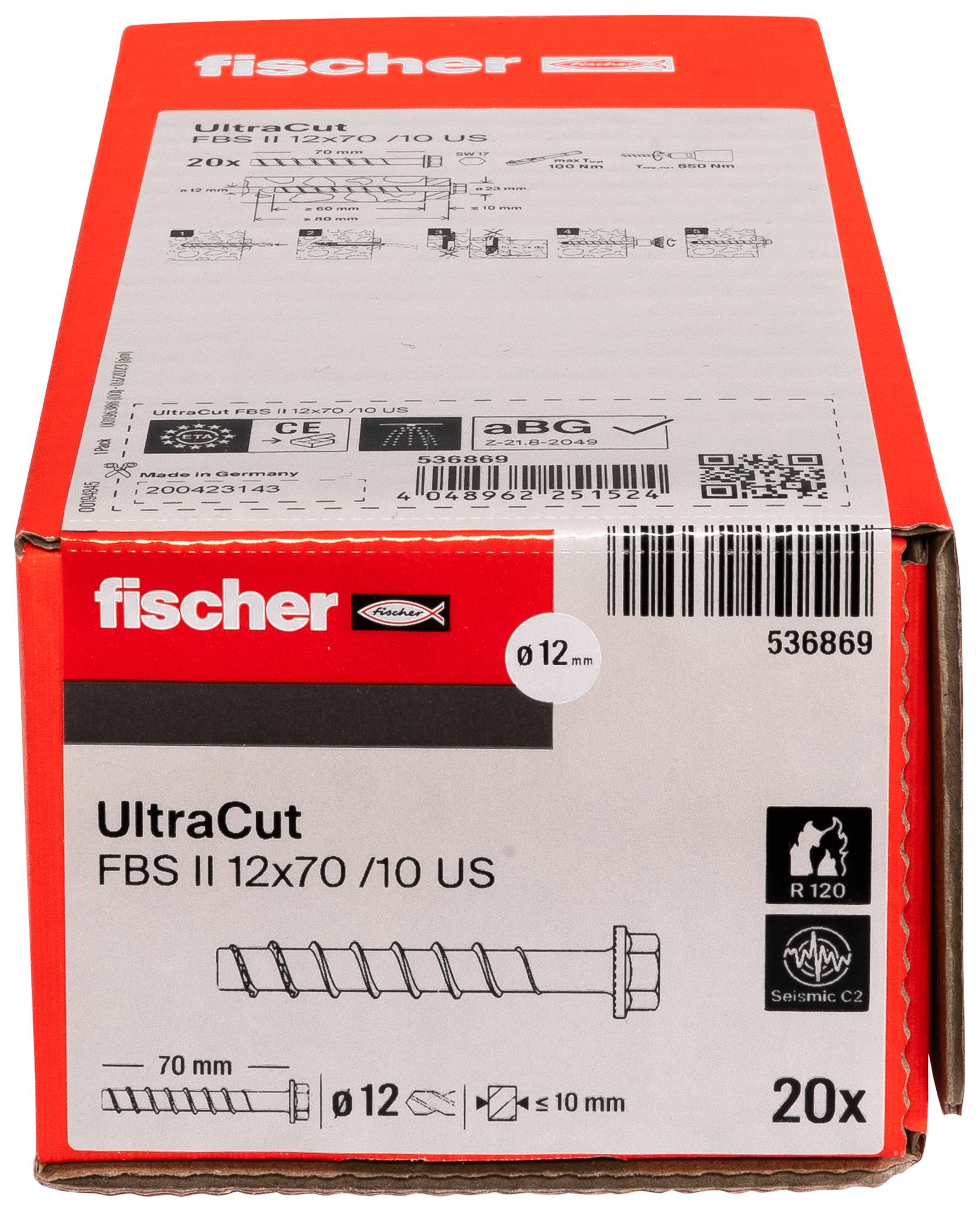 Devant d'une boîte Fischer UltraCut pour chevilles à béton FBS II 12x70/10 US, montrant un diagramme de cheville à vis, taille 12 mm, longueur 70 mm, et 20 pièces.