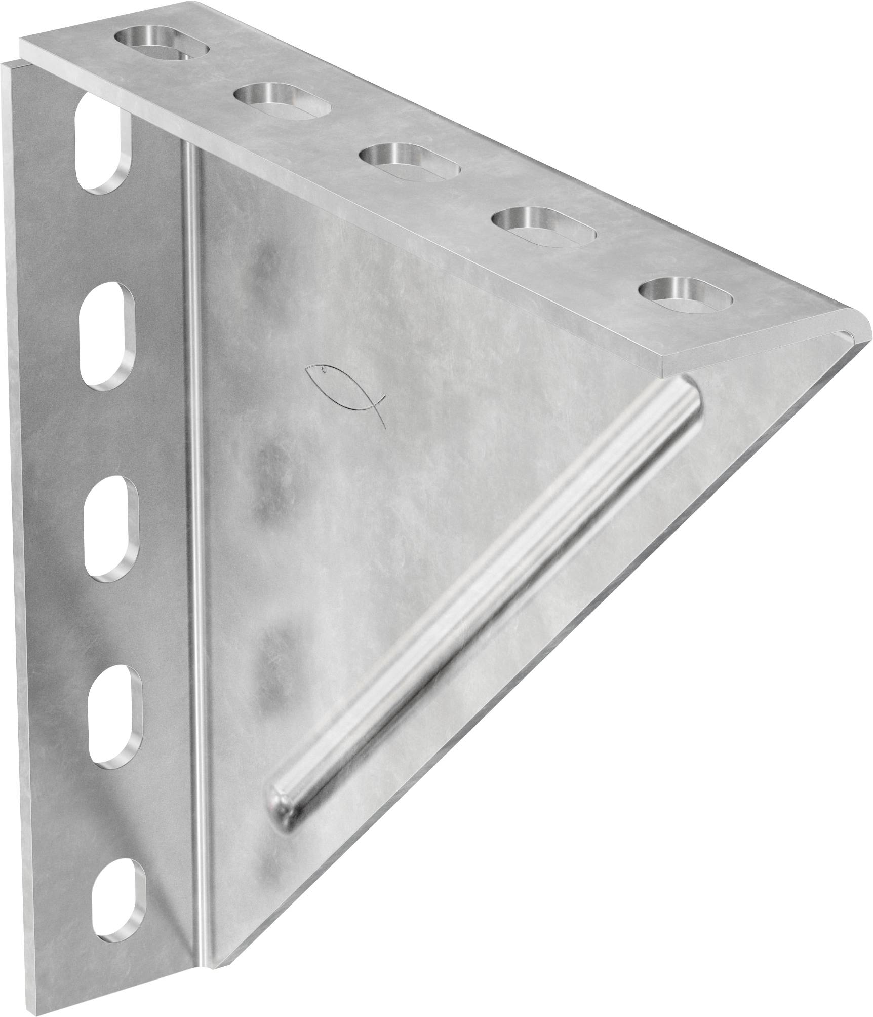 Équerre murale en acier inoxydable avec gousset triangulaire et rangée de trous de montage, présentée sur un fond blanc.