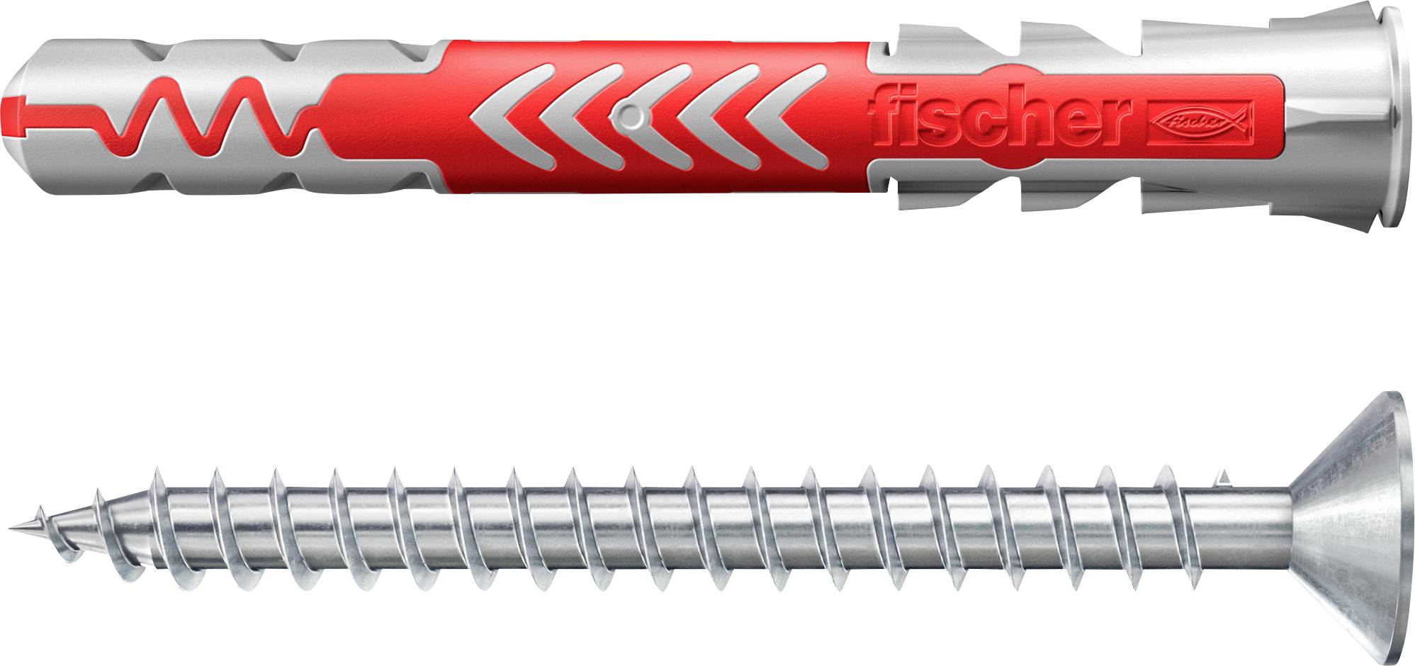 Un connecteur mural rouge et gris est montré au-dessus d'une vis en métal. Le connecteur porte le nom de marque en relief et est conçu avec des caractéristiques de verrouillage par rotation.