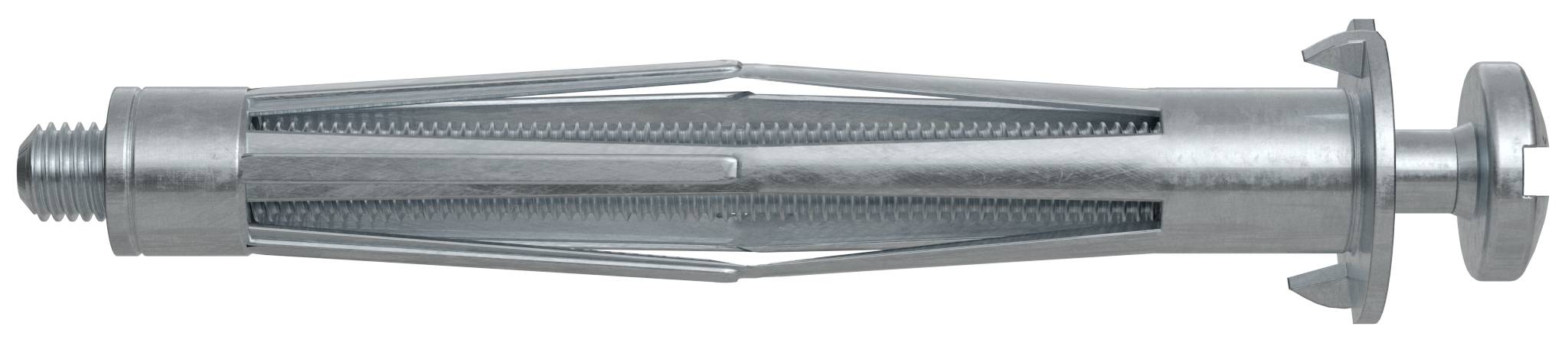 Un boulon d'ancrage à expansion métallique avec extrémité filetée et manchon fendu pour fixer des objets dans le béton ou la maçonnerie.