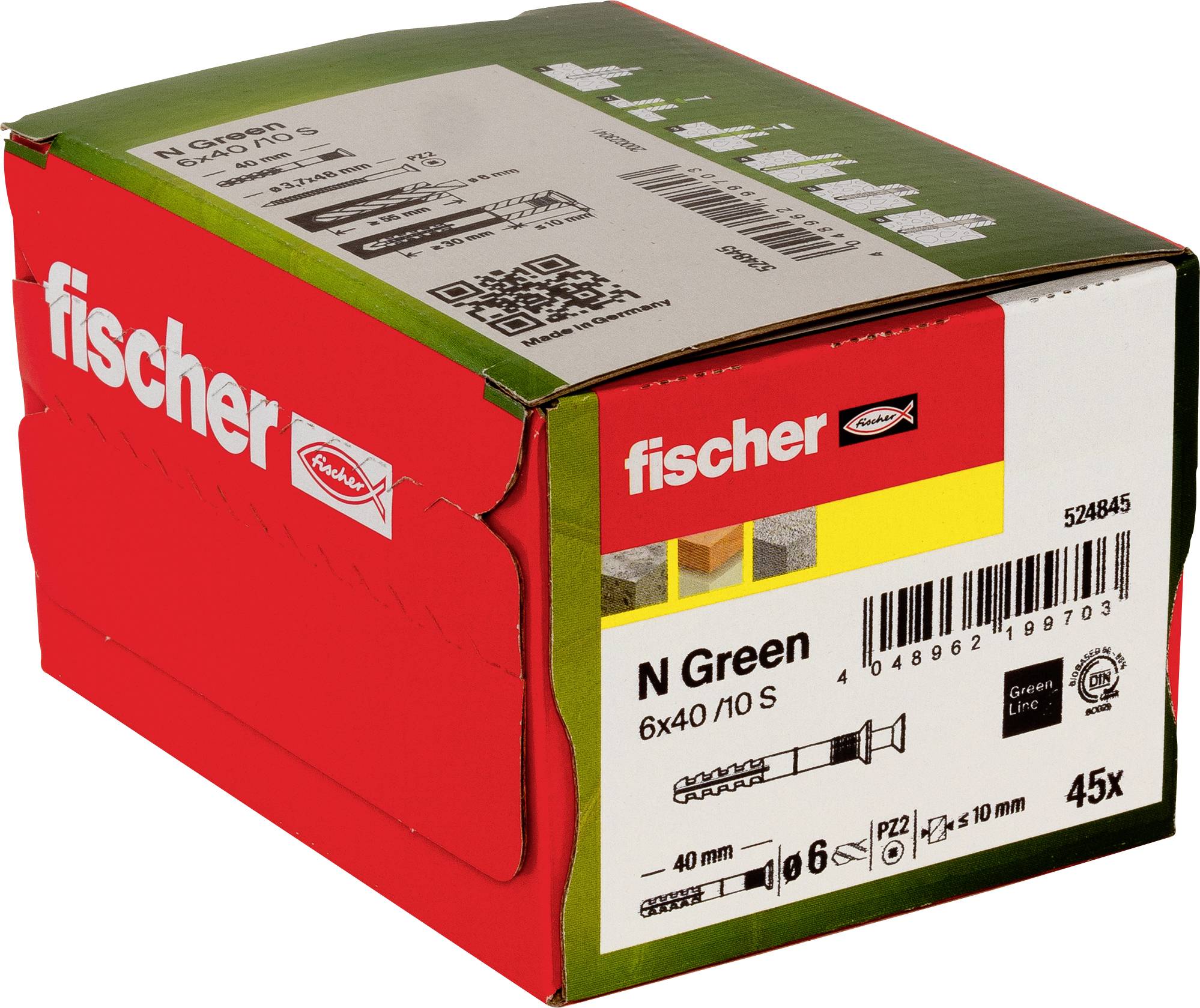 Boîte rouge Fischer de N Green 6x40/10S chevilles, avec étiquette produit, code-barres et quantité 45x.