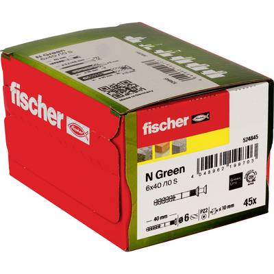 Boîte rouge Fischer de N Green 6x40/10S chevilles, avec étiquette produit, code-barres et quantité 45x.