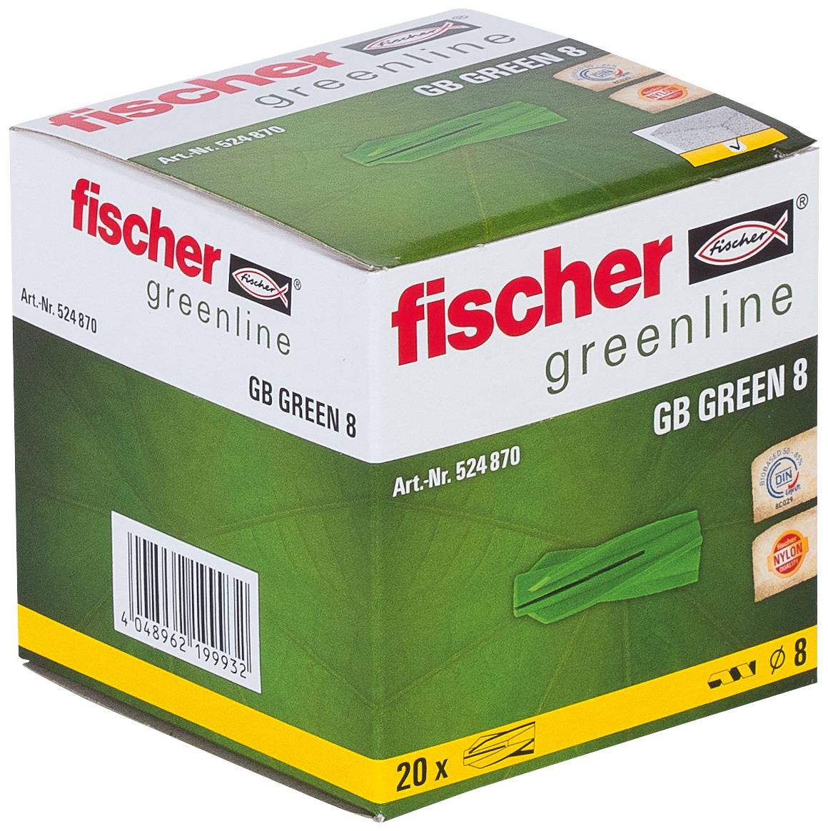 Boîte de chevilles murales Fischer Greenline GB GREEN 8, emballage vert et blanc étiqueté « fischer greenline » et « GB GREEN 8 ».