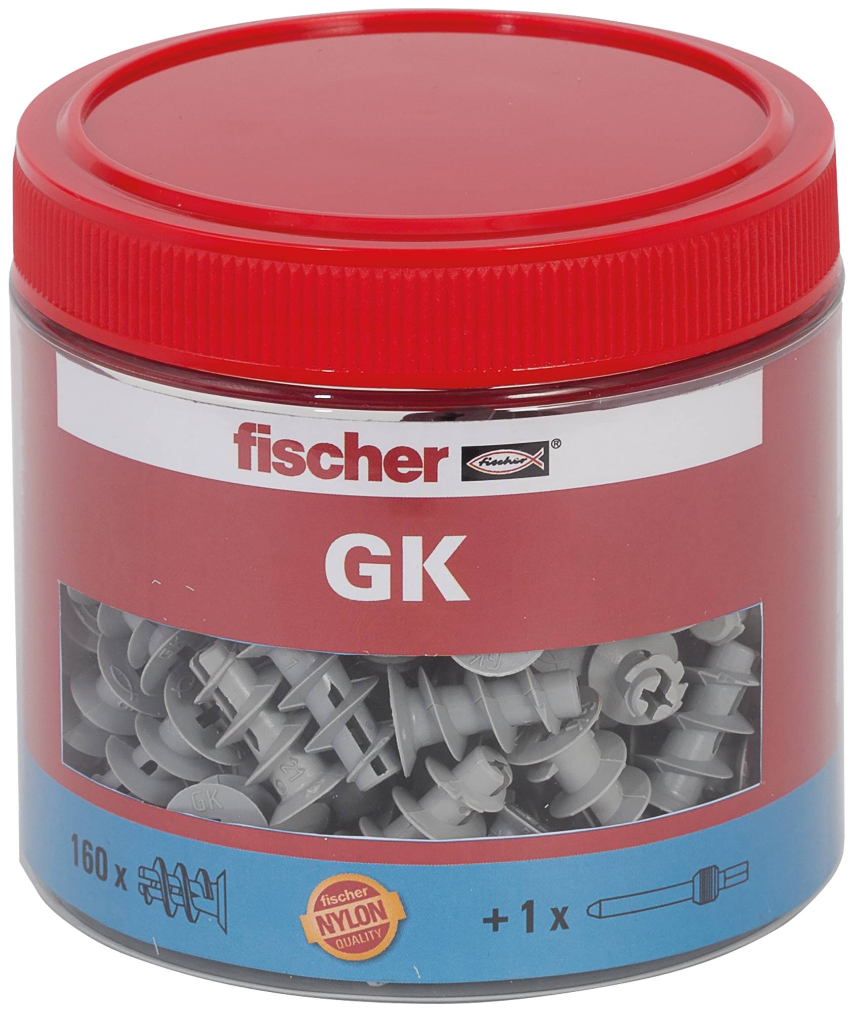 Pot de marque Red Fischer de chevilles murales en nylon GK, montrant des ancrages gris assortis à l'intérieur, étiqueté 160 pièces plus 1 foret.