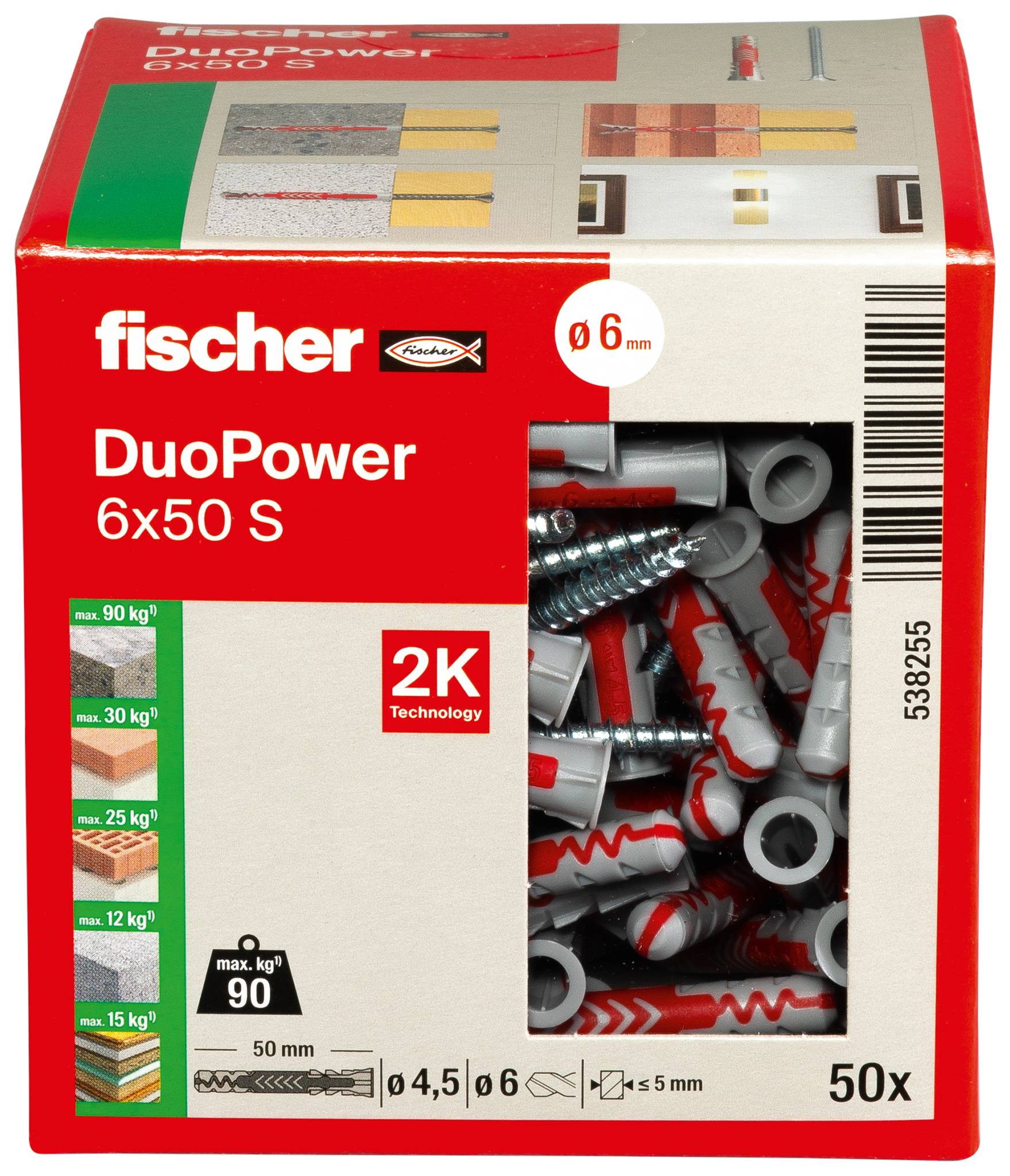 Boîte de 'Fischer DuoPower 6x50 S' présentant des informations sur le produit et des illustrations de l'installation de chevilles murales avec des dimensions.