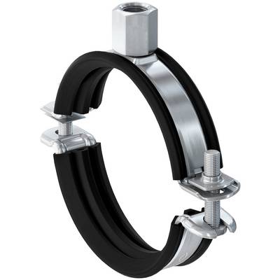 Collier de tuyau en métal avec doublure en caoutchouc noir, écrou hexagonal et boulon, utilisé pour fixer un tuyau ou un câble à une surface.