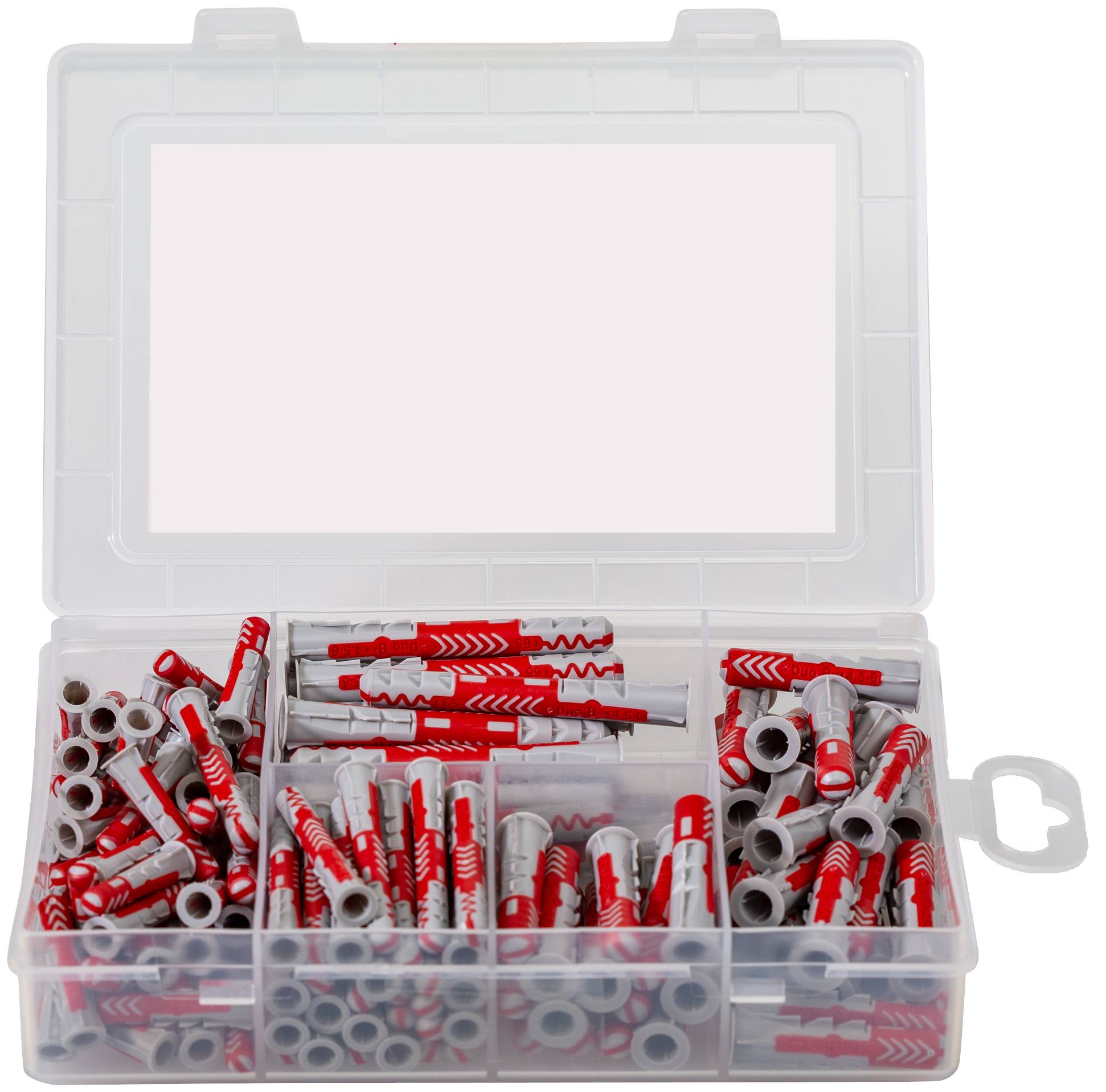 Boîte en plastique de chevilles Fischer de différentes tailles. Contient 60 chevilles 6x30 mm, 40 chevilles 8x40 mm et 20 chevilles 10x50 mm.