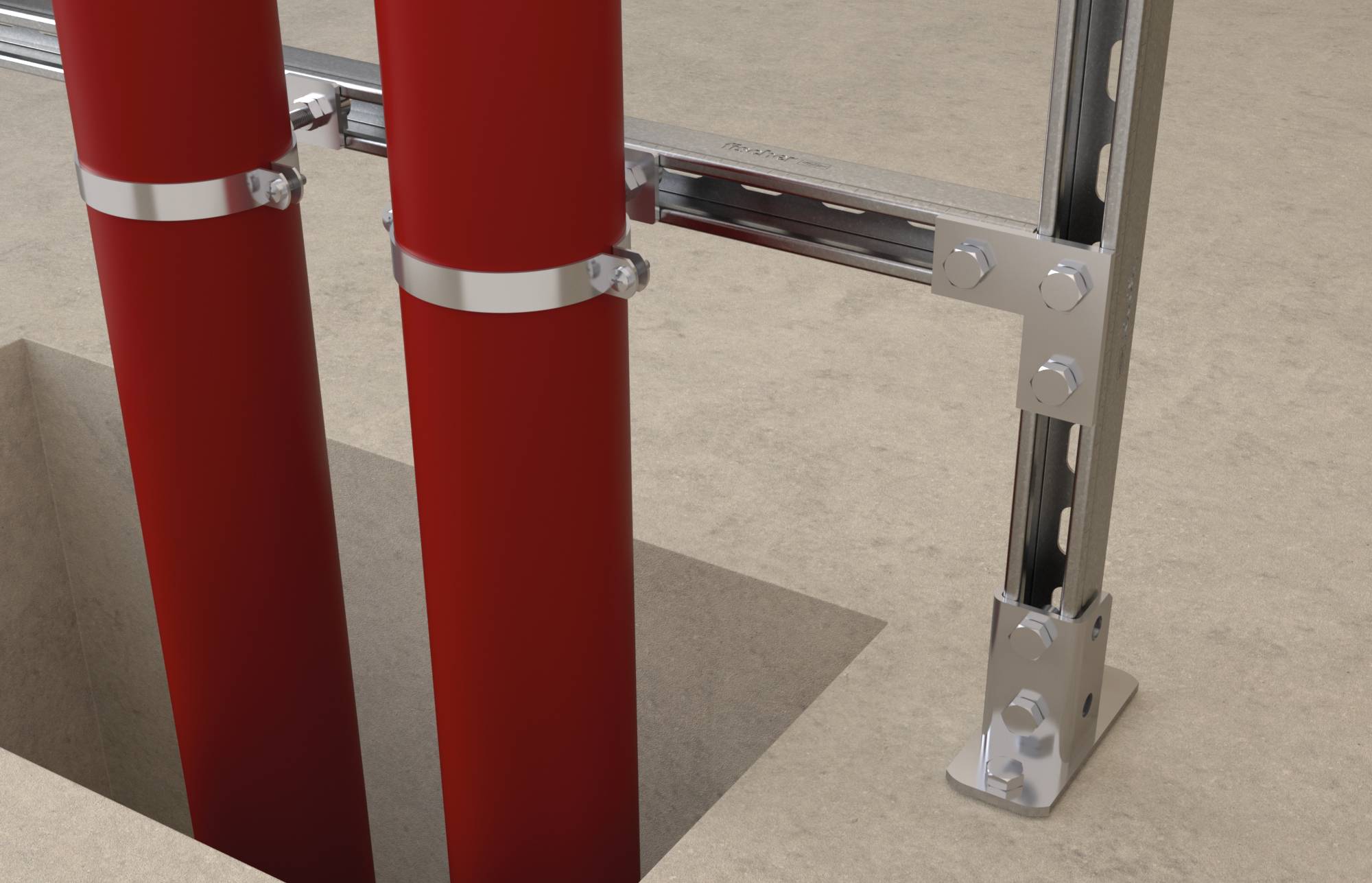 Gros plan de deux tuyaux rouges verticaux fixés avec des supports métalliques à une armature de support argentée sur un sol en béton.