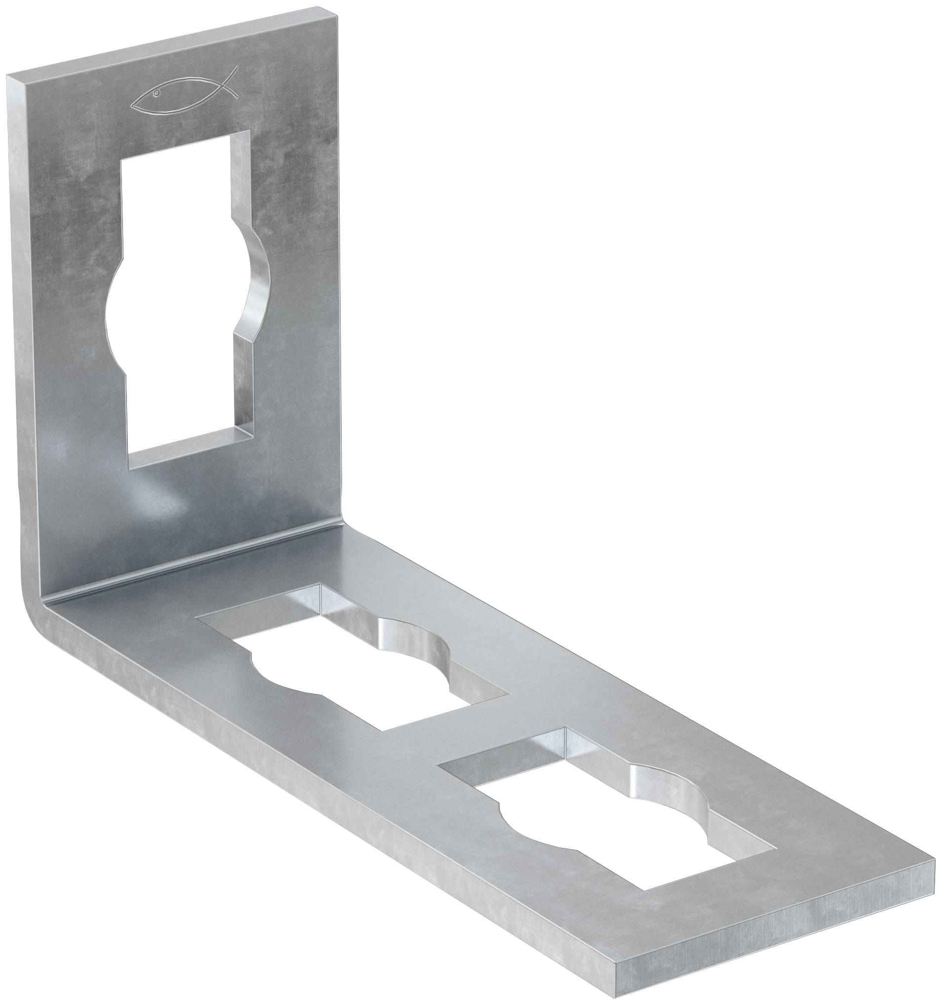 Équerre métallique en forme de L avec des découpes rectangulaires, présentée sur un fond blanc.