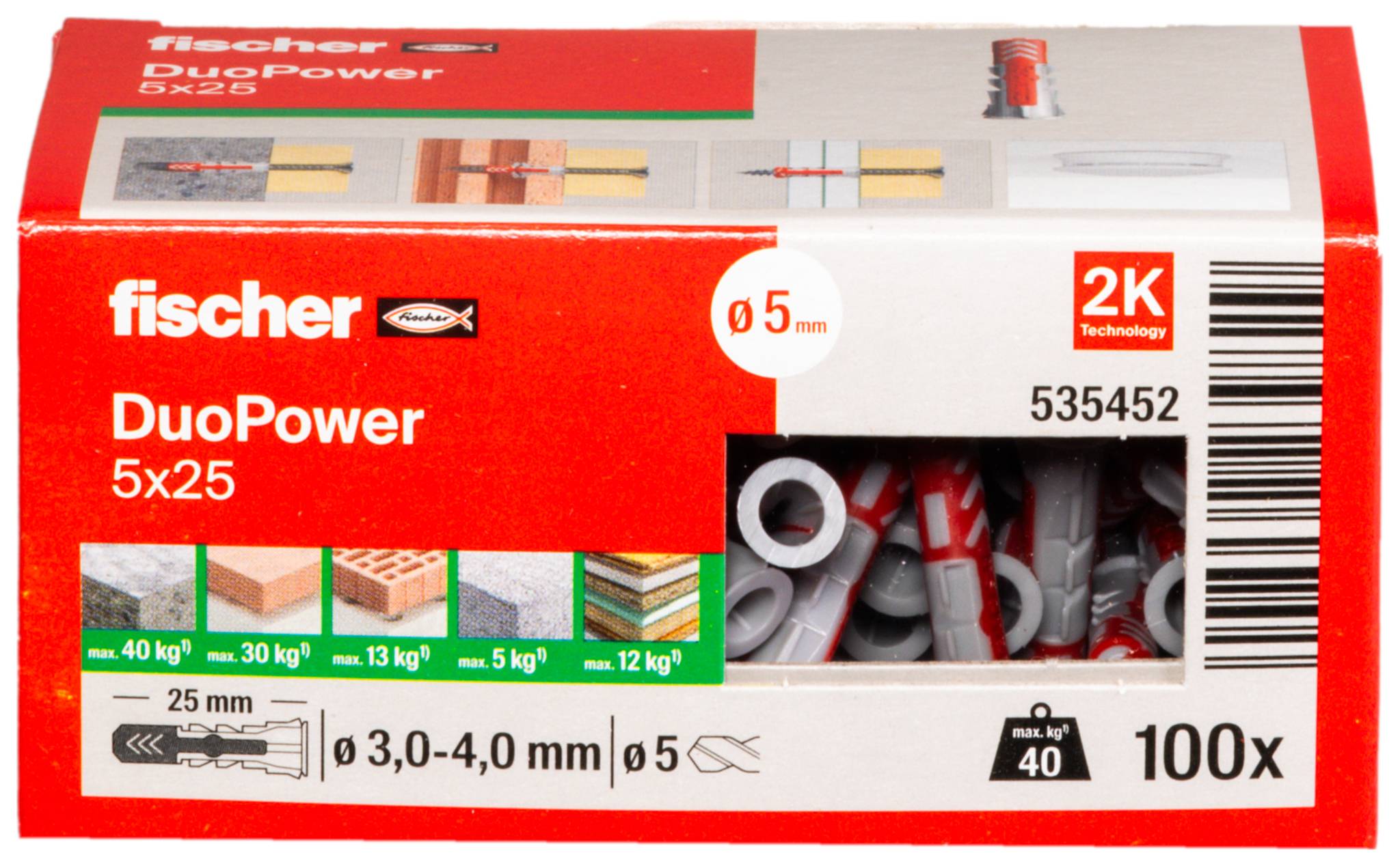 Paquet de chevilles murales Fischer DuoPower 5x25, montrant 100 pièces, technologie 2K, et capacités de charge avec une coupe transversale de l'ancre à l'intérieur de la boîte.