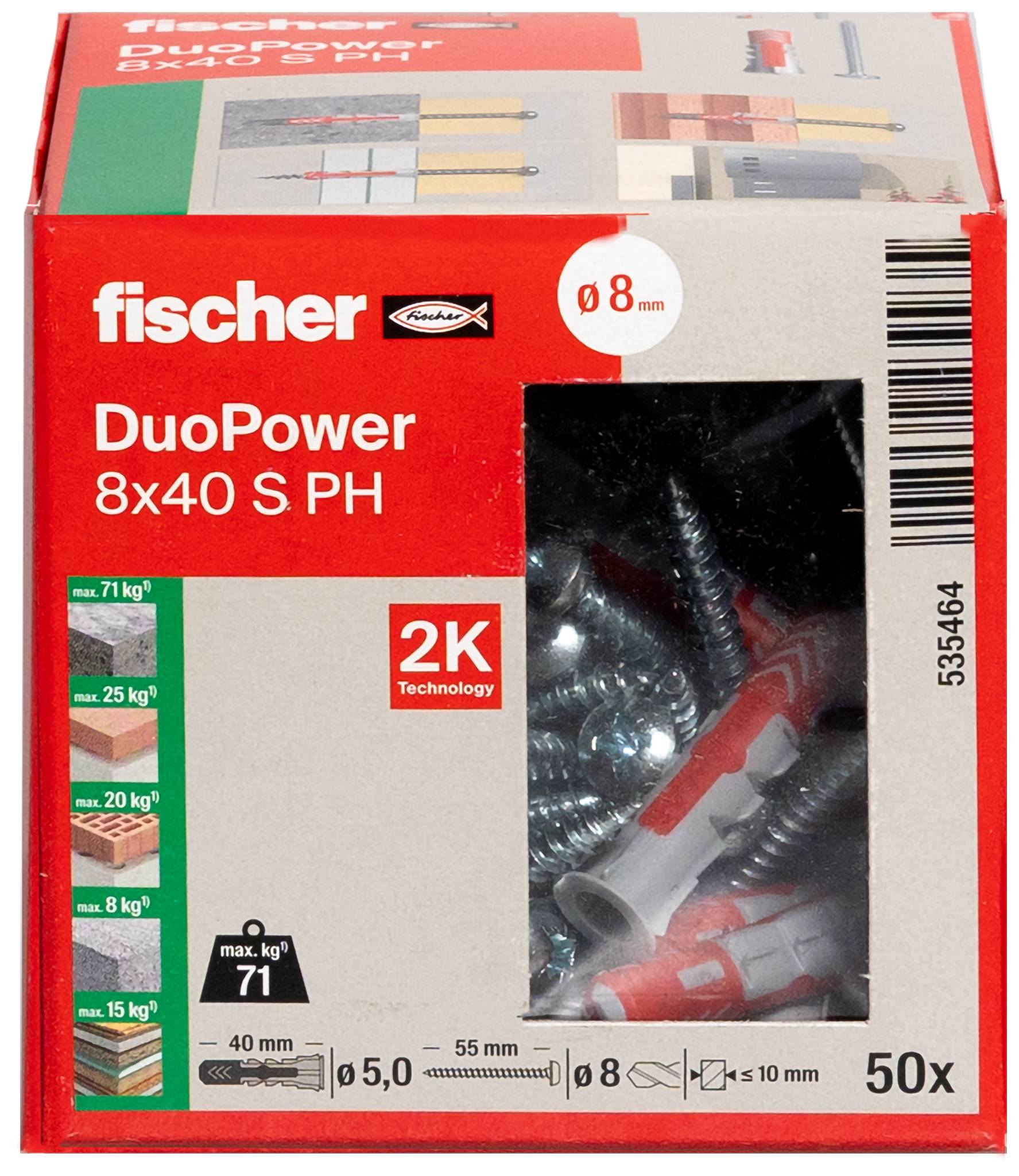 Paquet de chevilles murales fischer DuoPower 8x40 S PH, montrant 50 pièces, technologie 2K, et icônes de taille de foret/cheville.