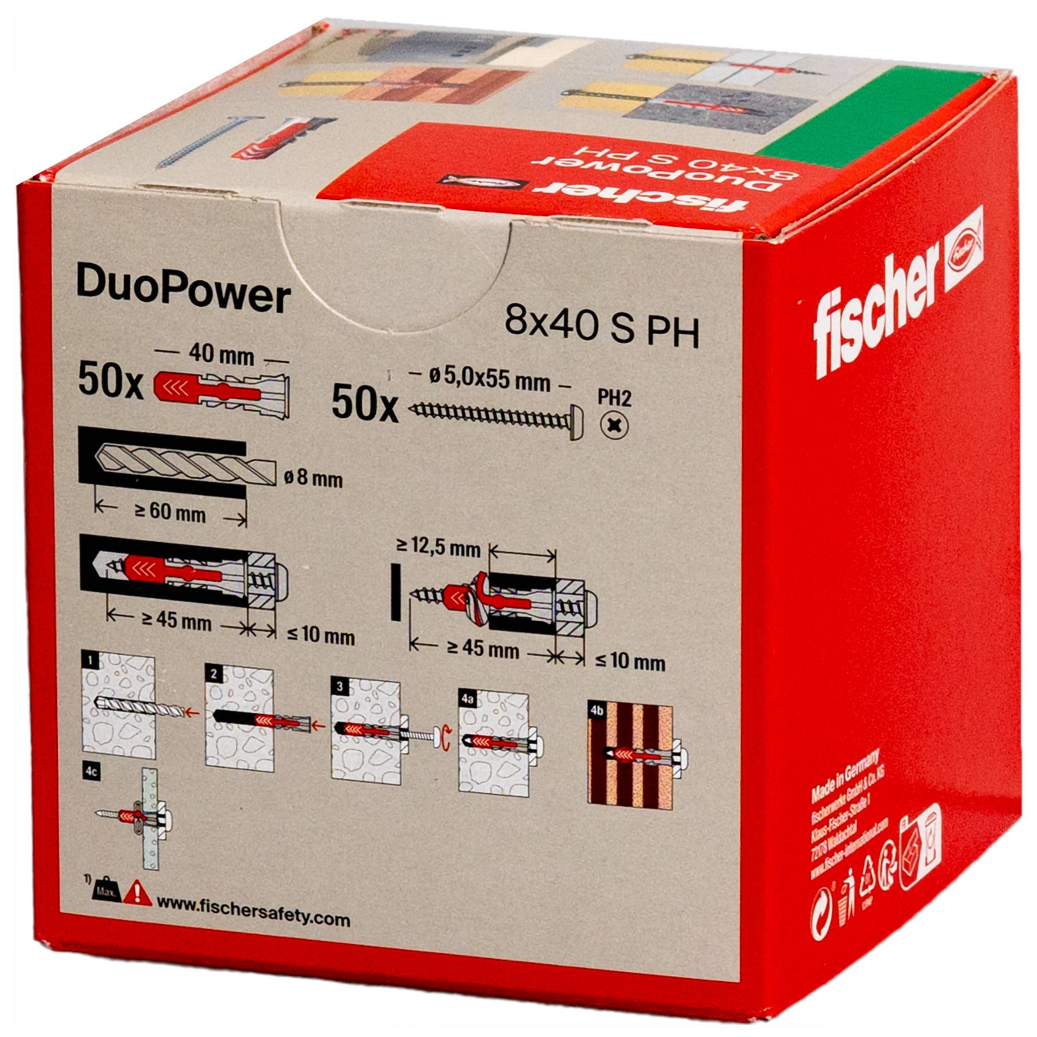 Assortiment de chevilles murales Fischer DuoPower 8x40 et vis avec boîte de rangement, diagrammes d'installation et quantités de 50 pièces chacune.