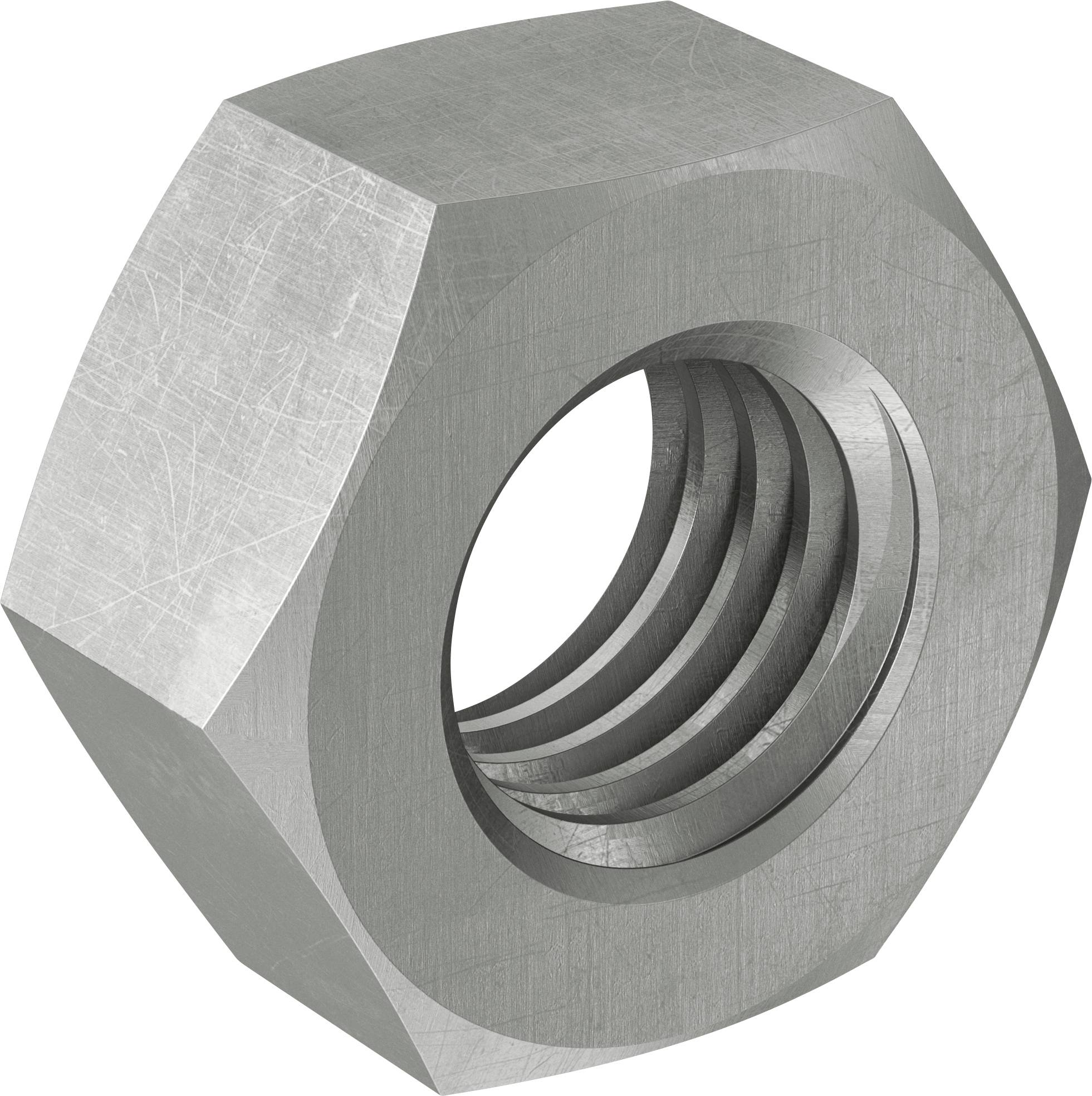 Écrou hexagonal en métal gris avec un trou fileté au centre, présenté isolé sur un fond blanc.