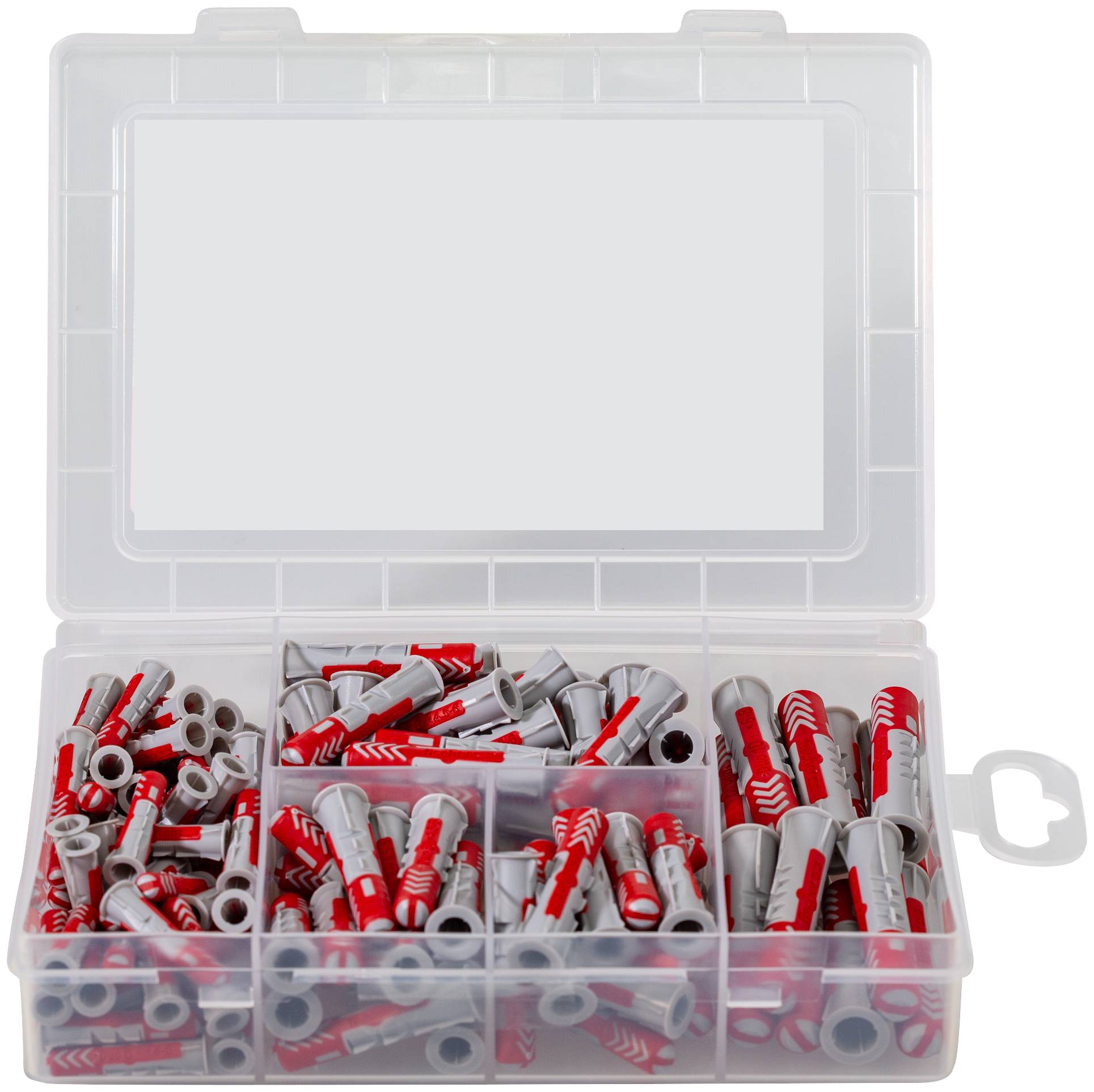Boîte organisatrice en plastique transparent remplie de chevilles murales rouges et grises et de bouchons, triés dans des plateaux à compartiments.